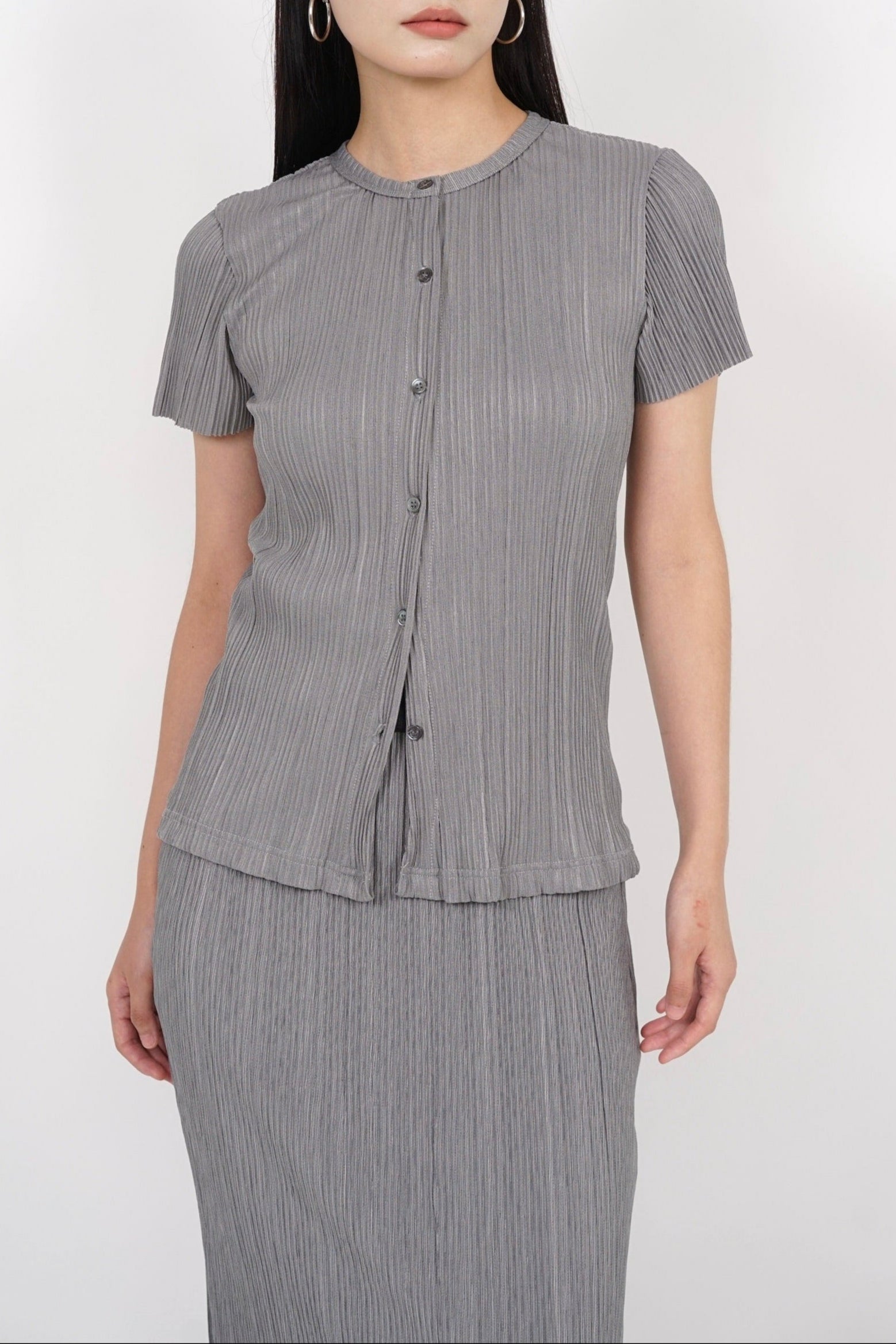 Plisse Button Pleated Top in Grey