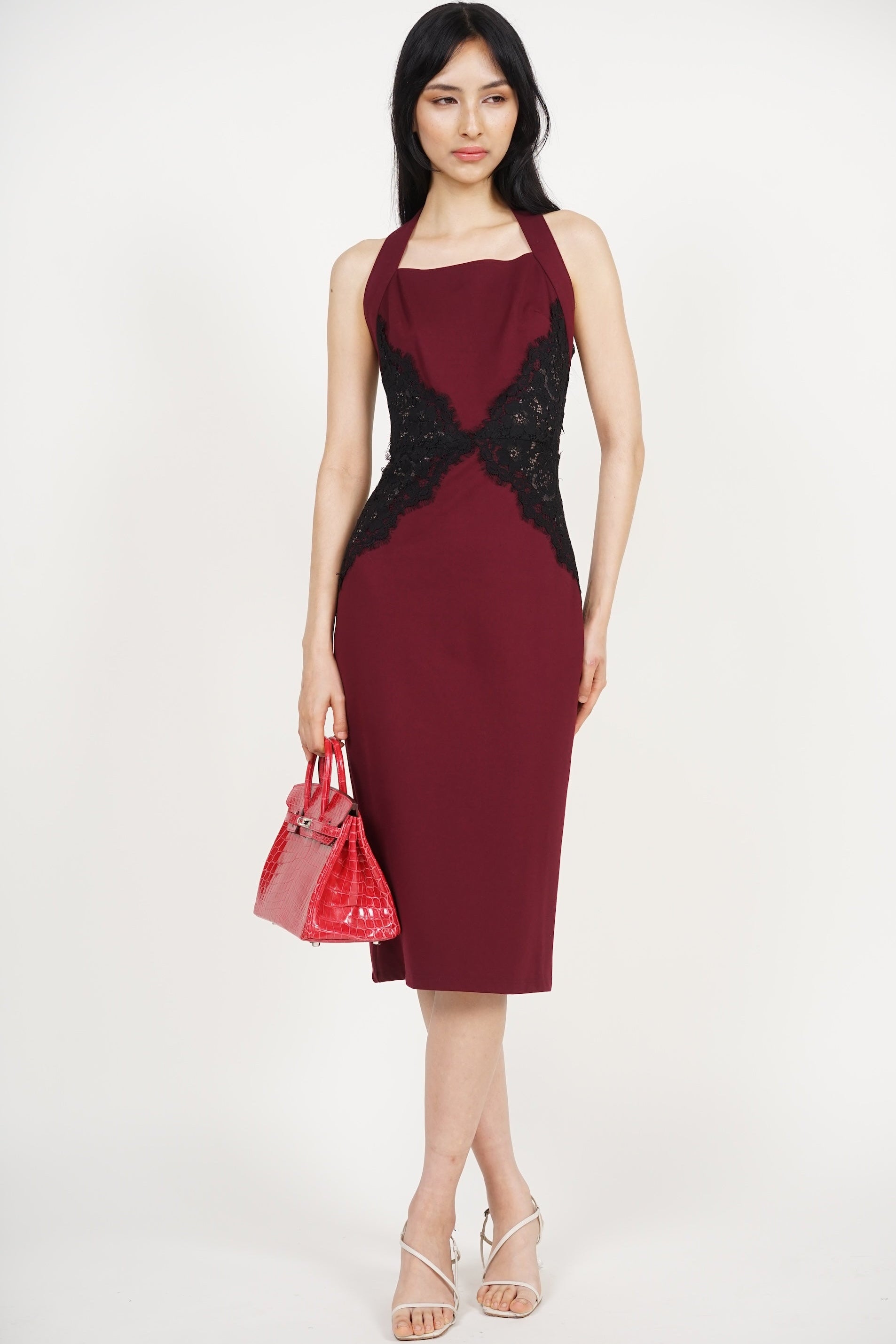 Halter Lace Panel Midi Dress in Burgundy