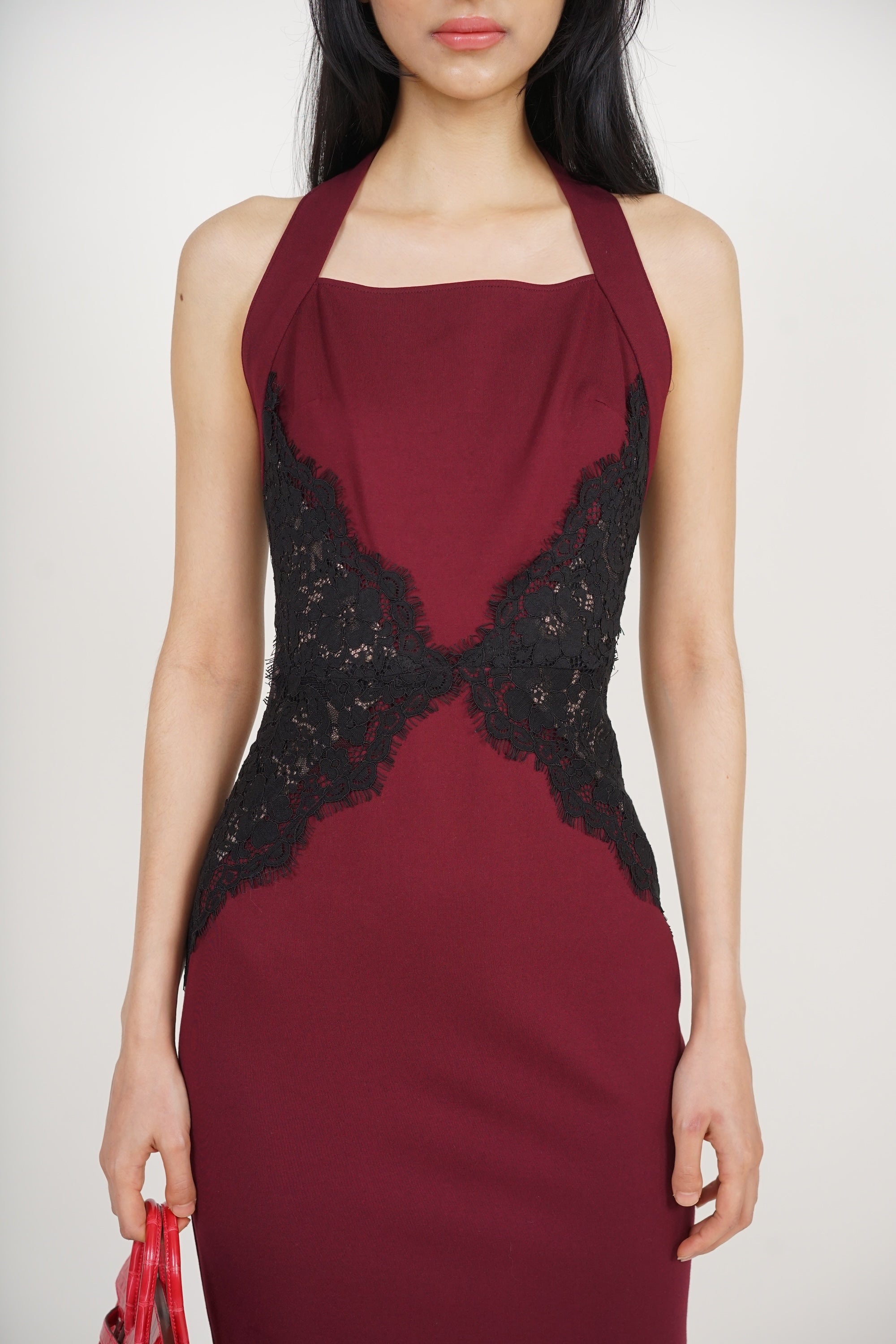 Halter Lace Panel Midi Dress in Burgundy