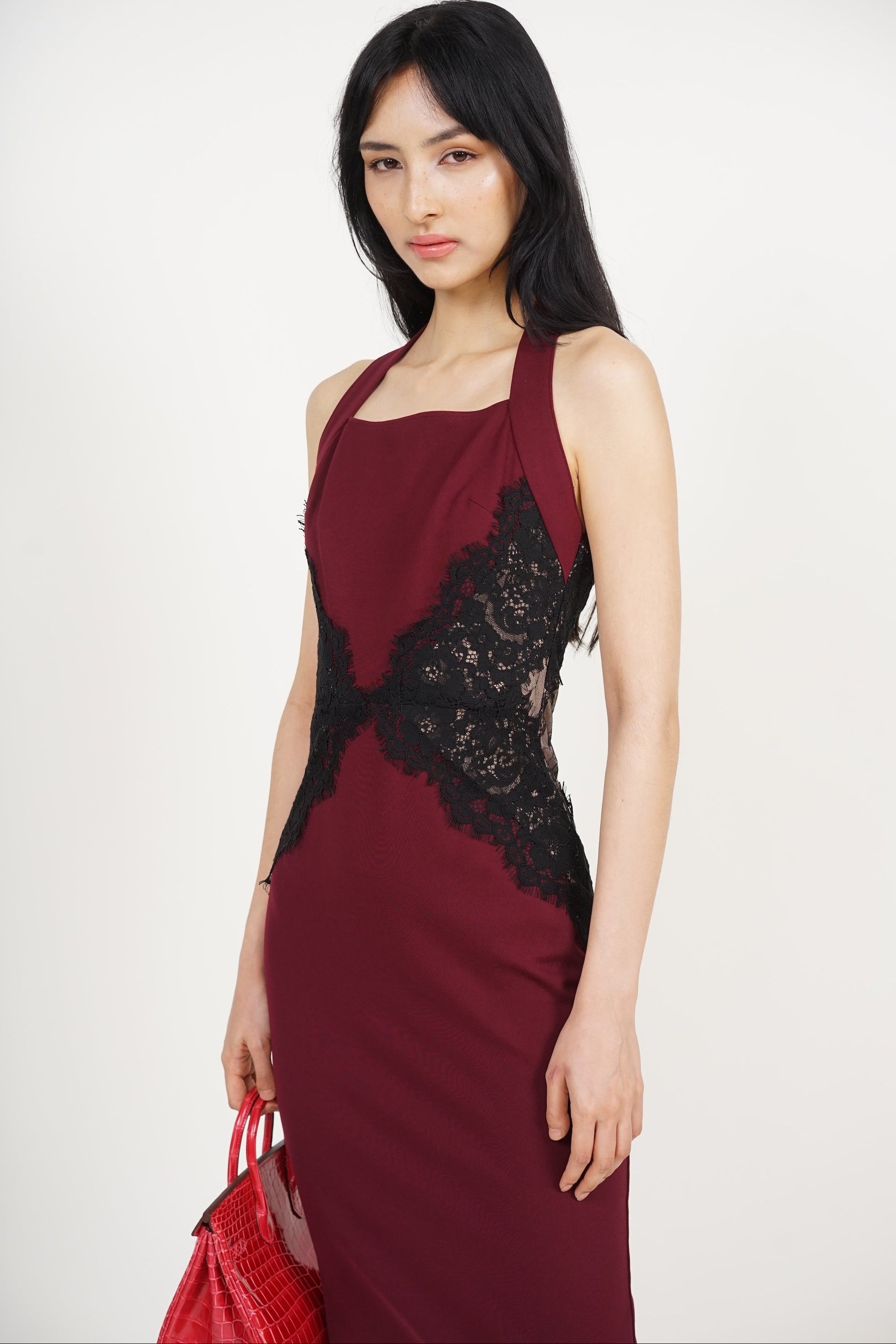 Halter Lace Panel Midi Dress in Burgundy