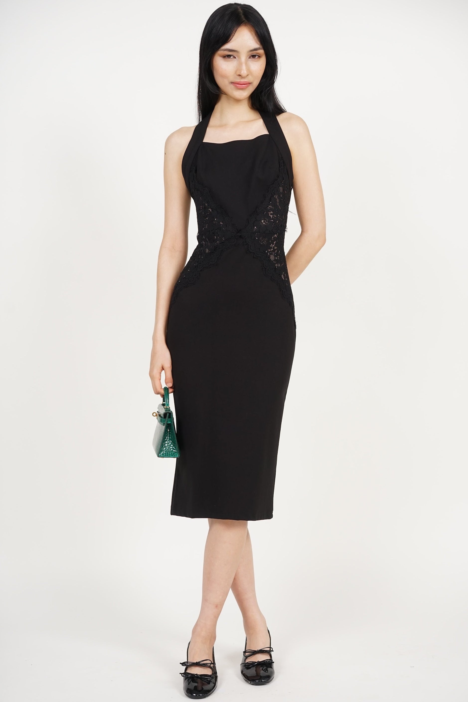 Halter Lace Panel Midi Dress in Black