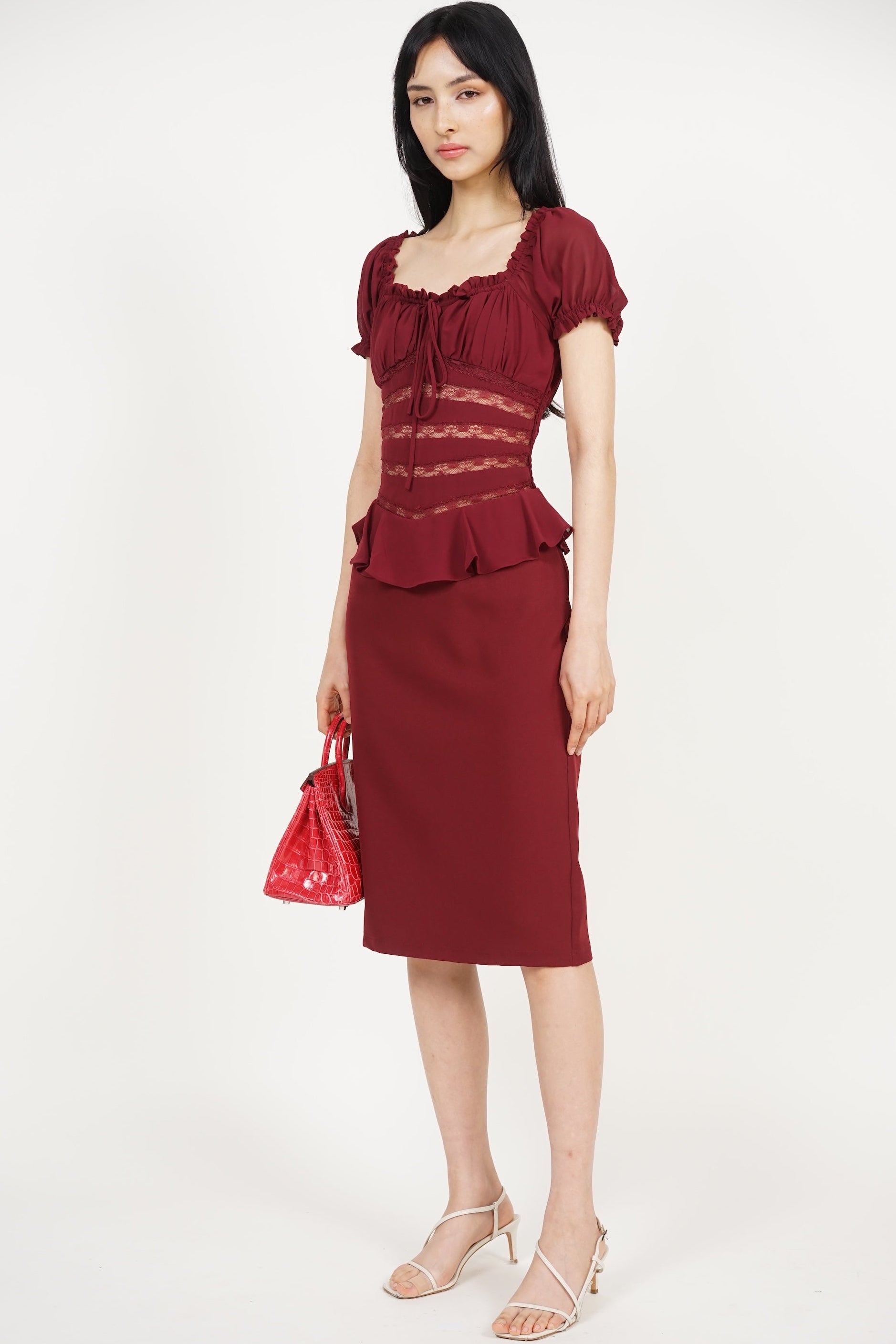 Peplum Lace Trim Midi Dress in Burgundy