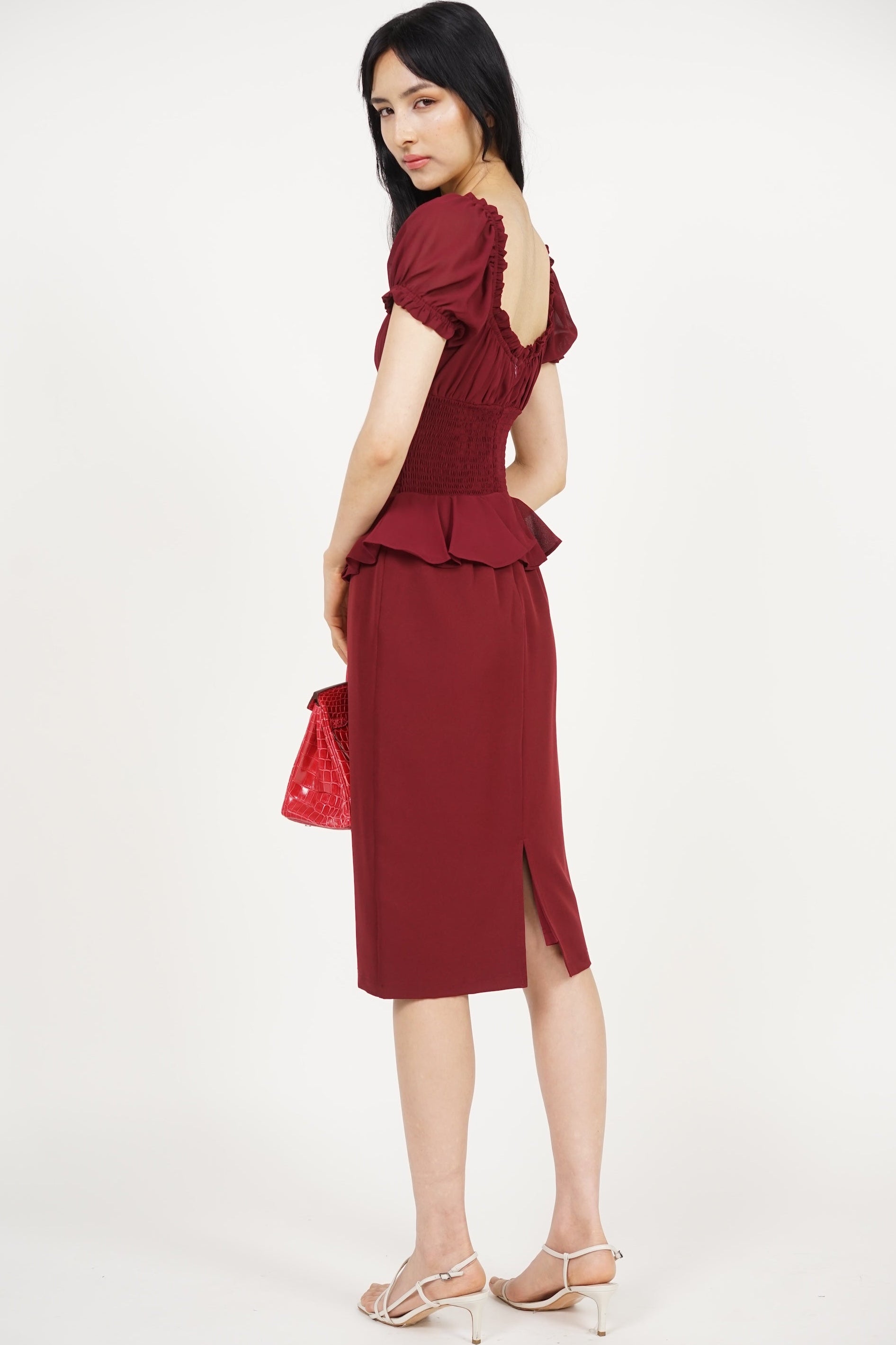 Peplum Lace Trim Midi Dress in Burgundy
