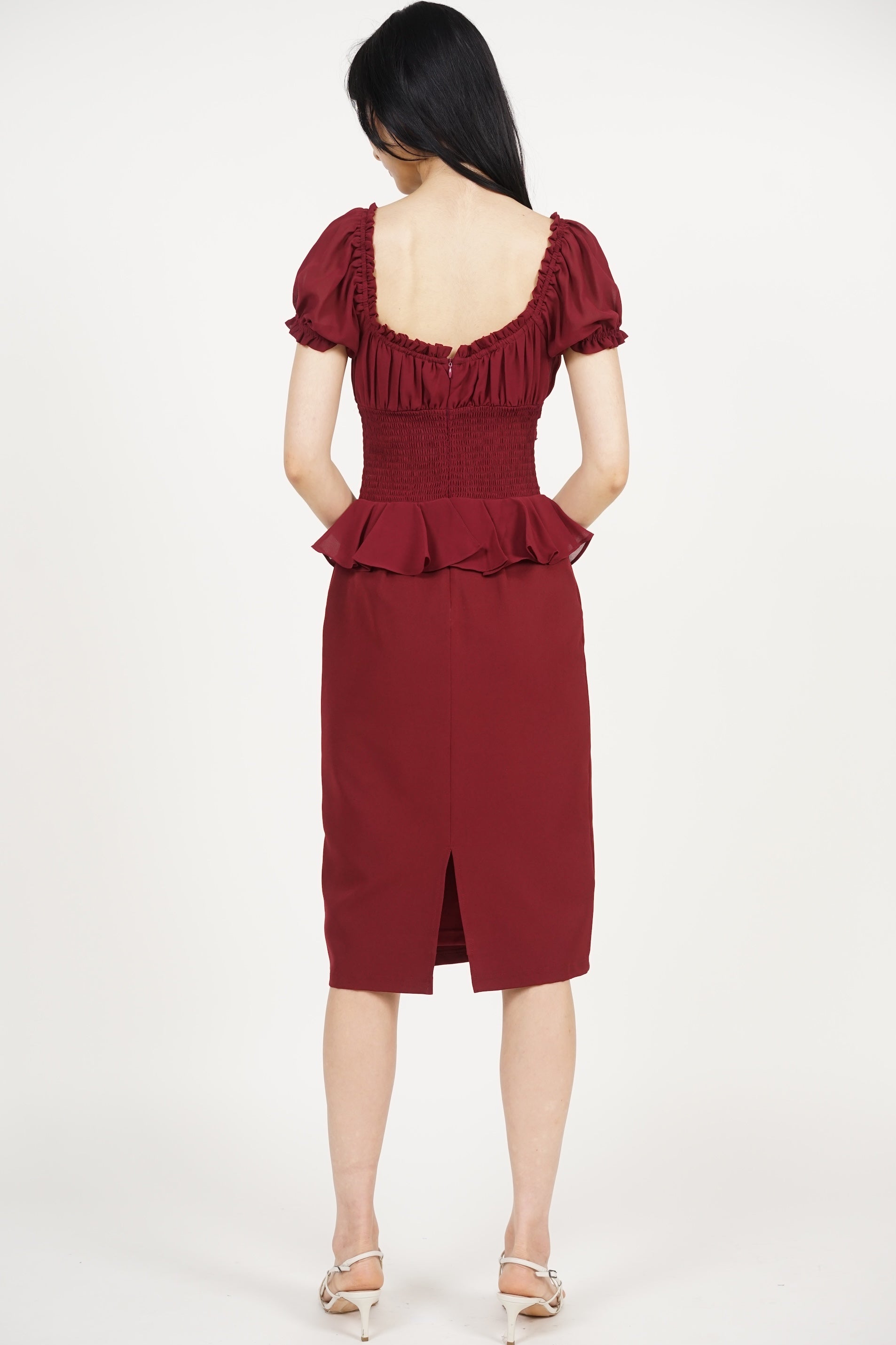 Peplum Lace Trim Midi Dress in Burgundy