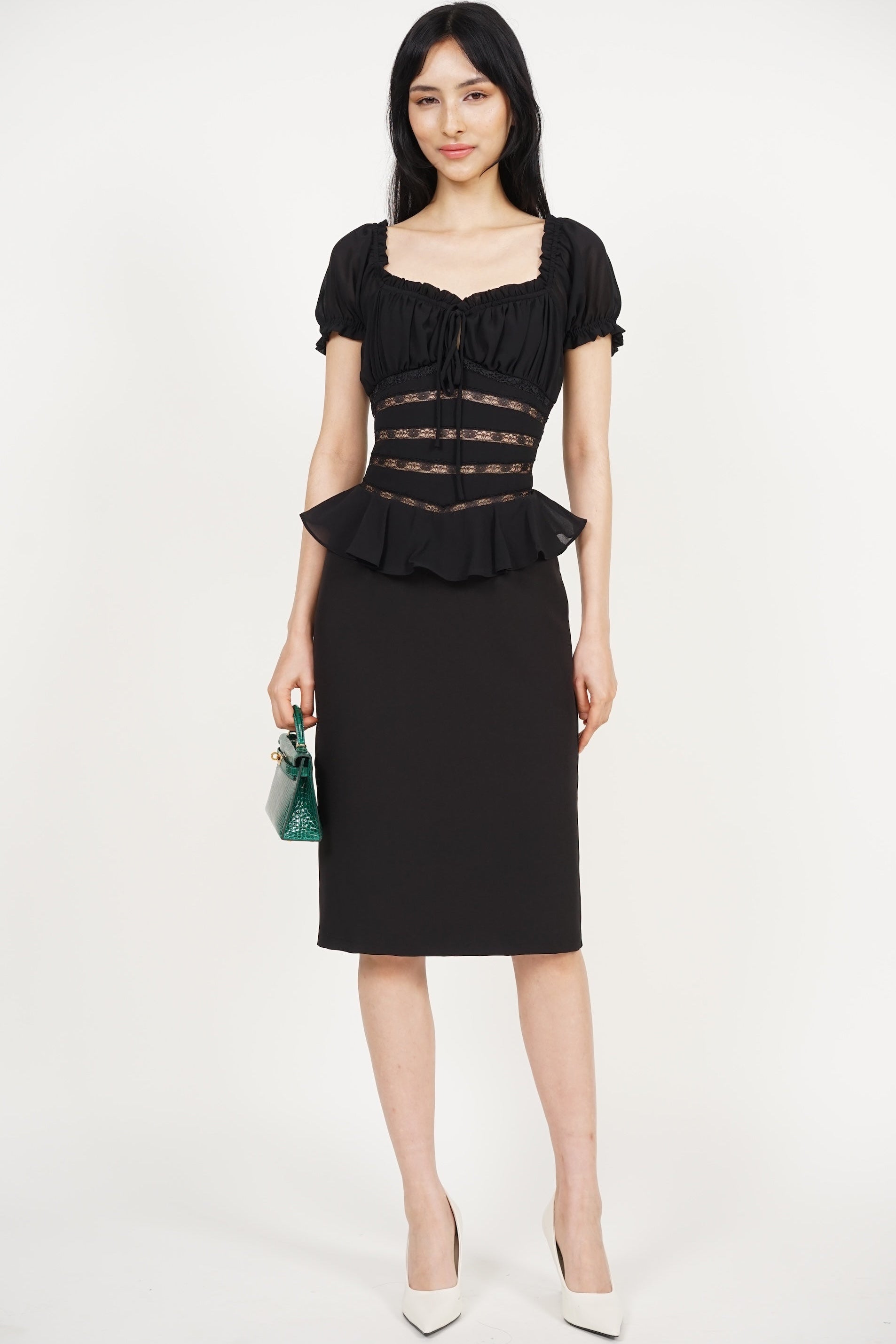 Peplum Lace Trim Midi Dress in Black