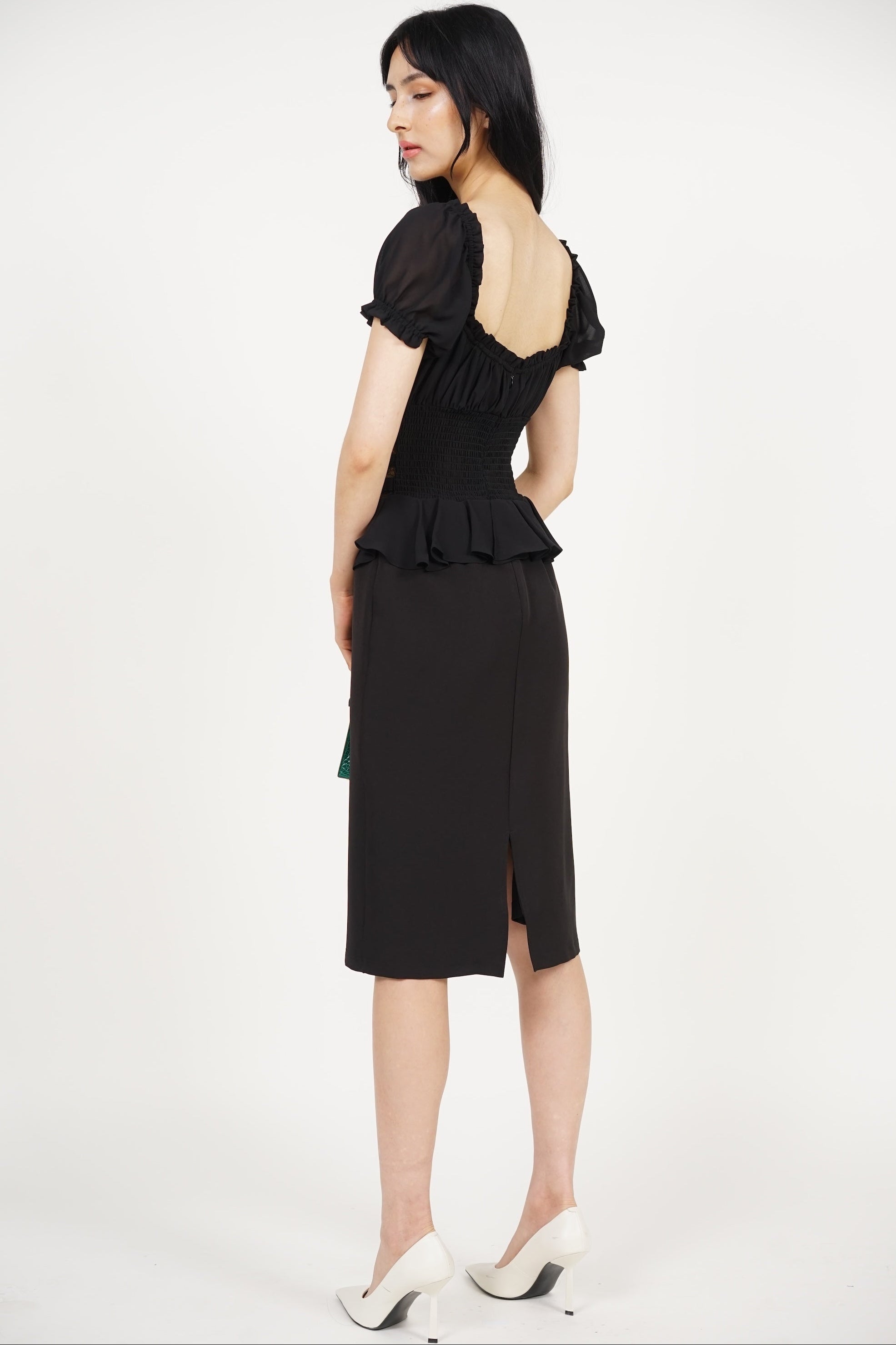 Peplum Lace Trim Midi Dress in Black