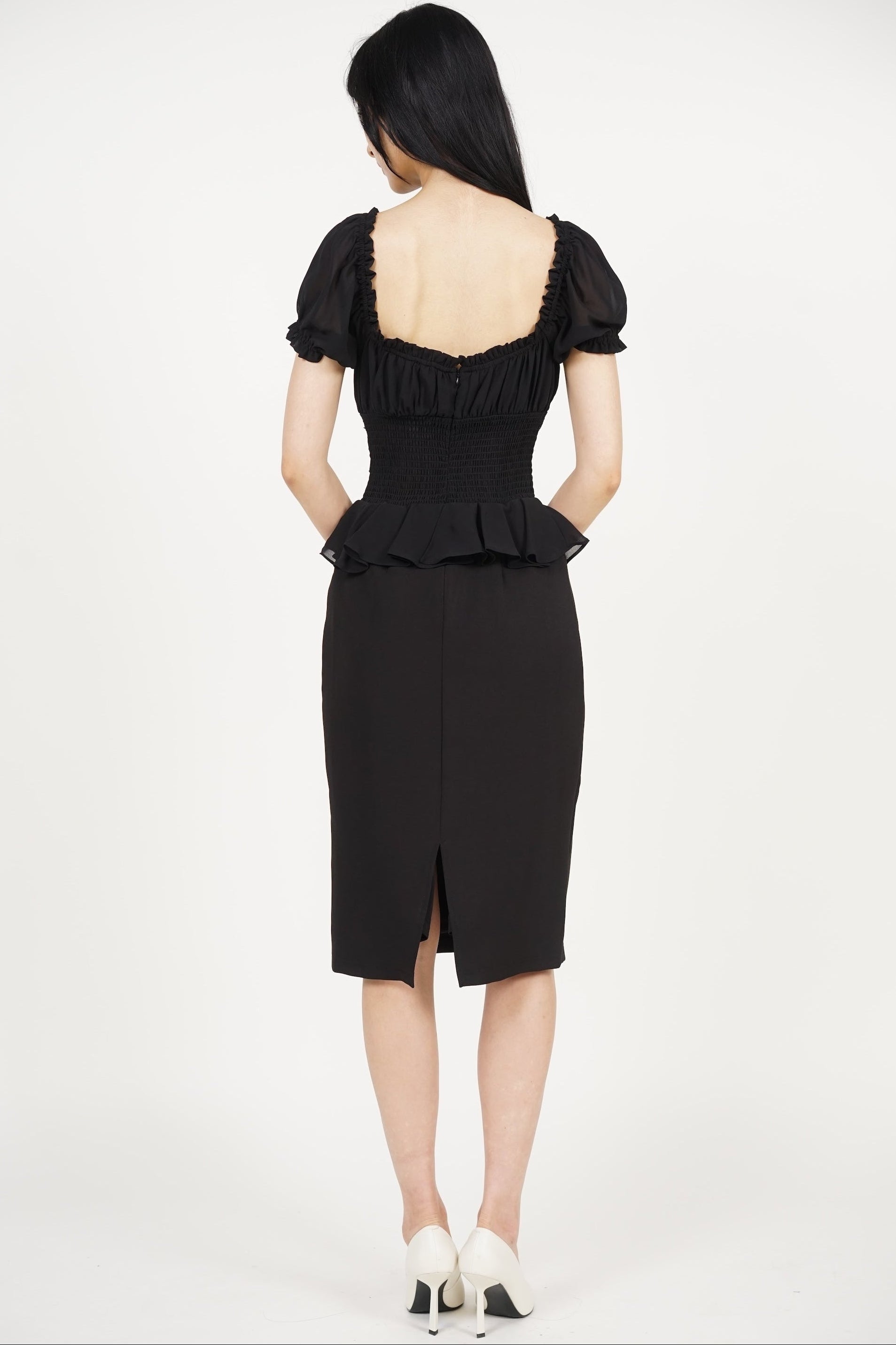 Peplum Lace Trim Midi Dress in Black