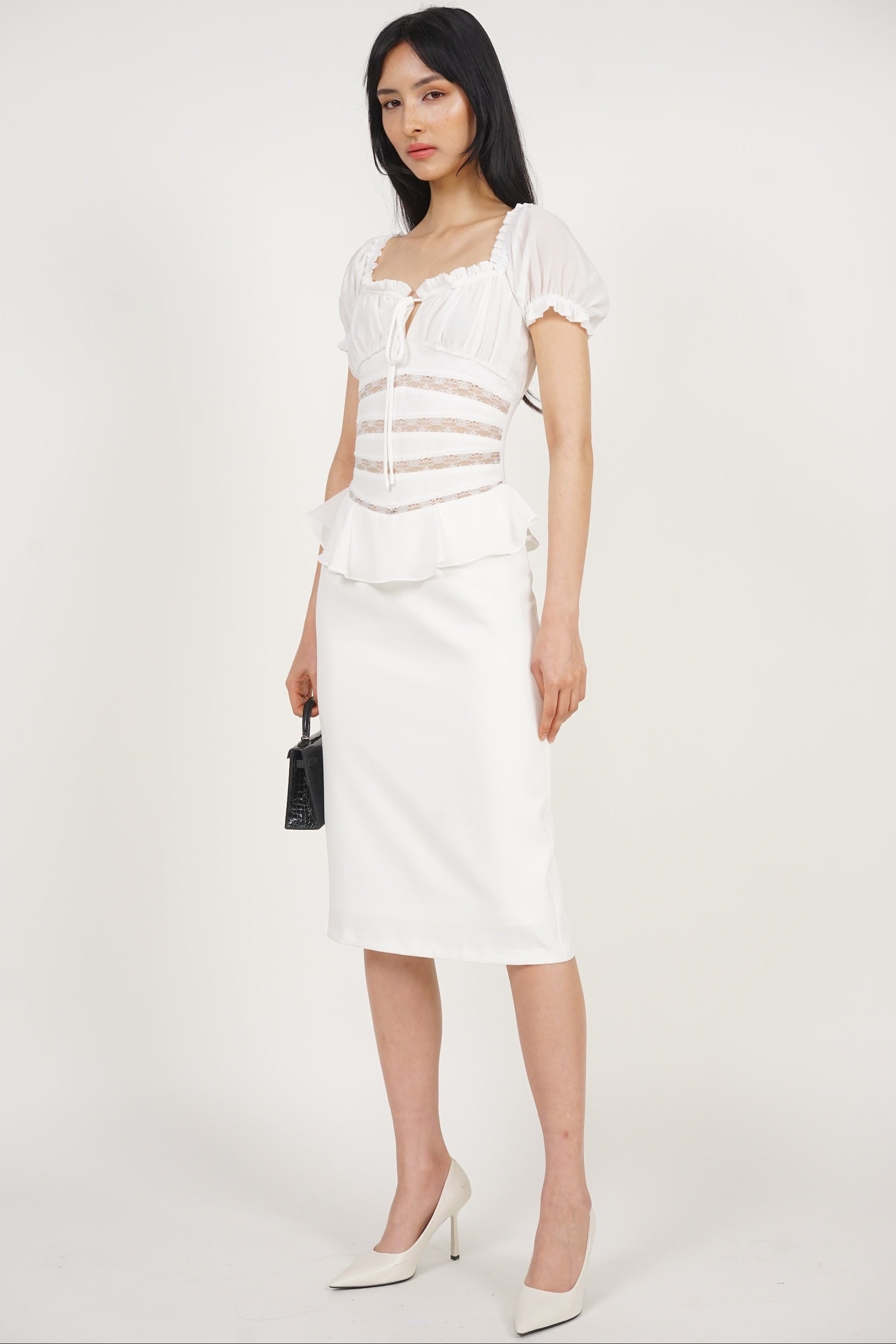 Peplum Lace Trim Midi Dress in White