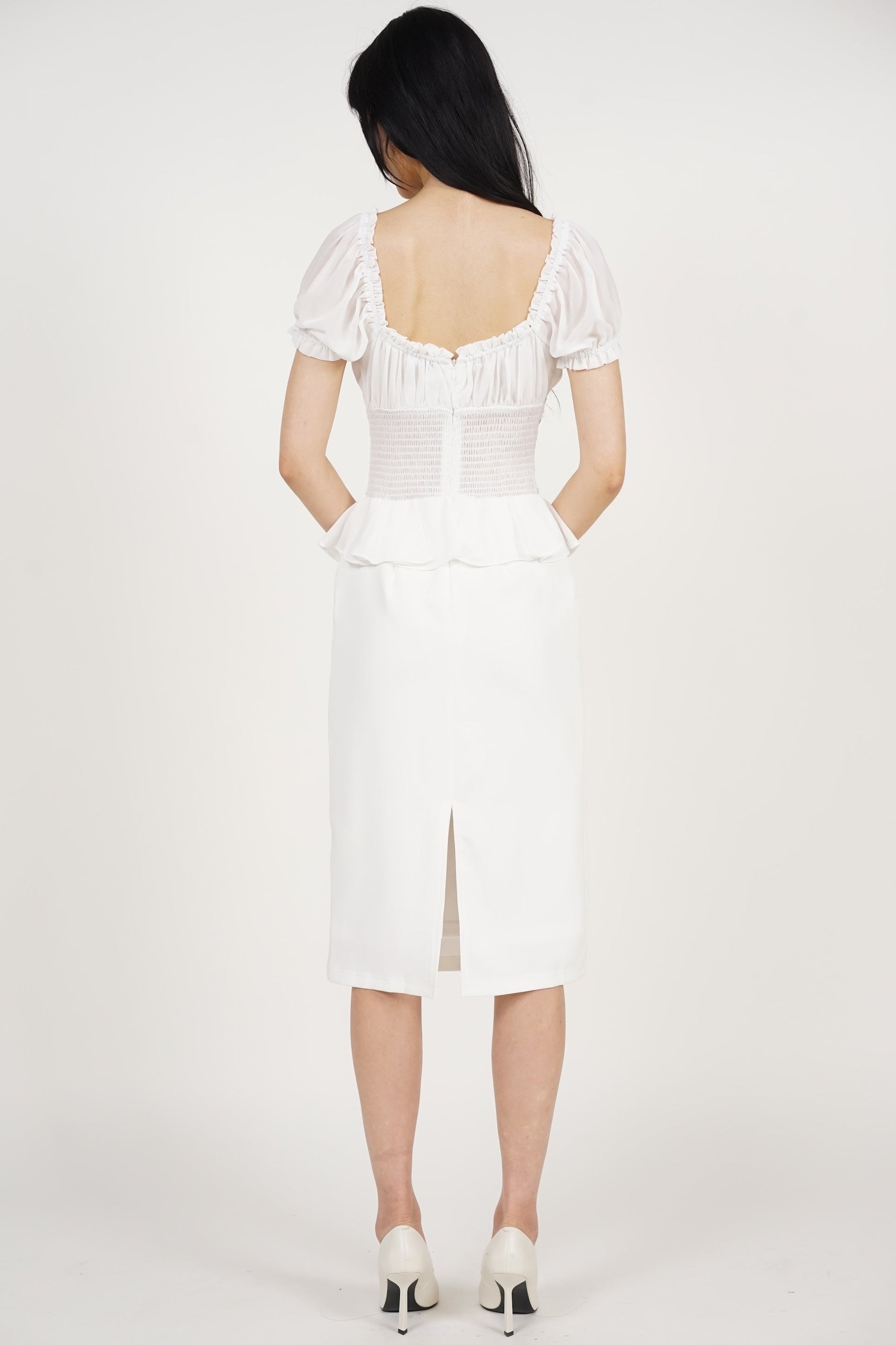 Peplum Lace Trim Midi Dress in White
