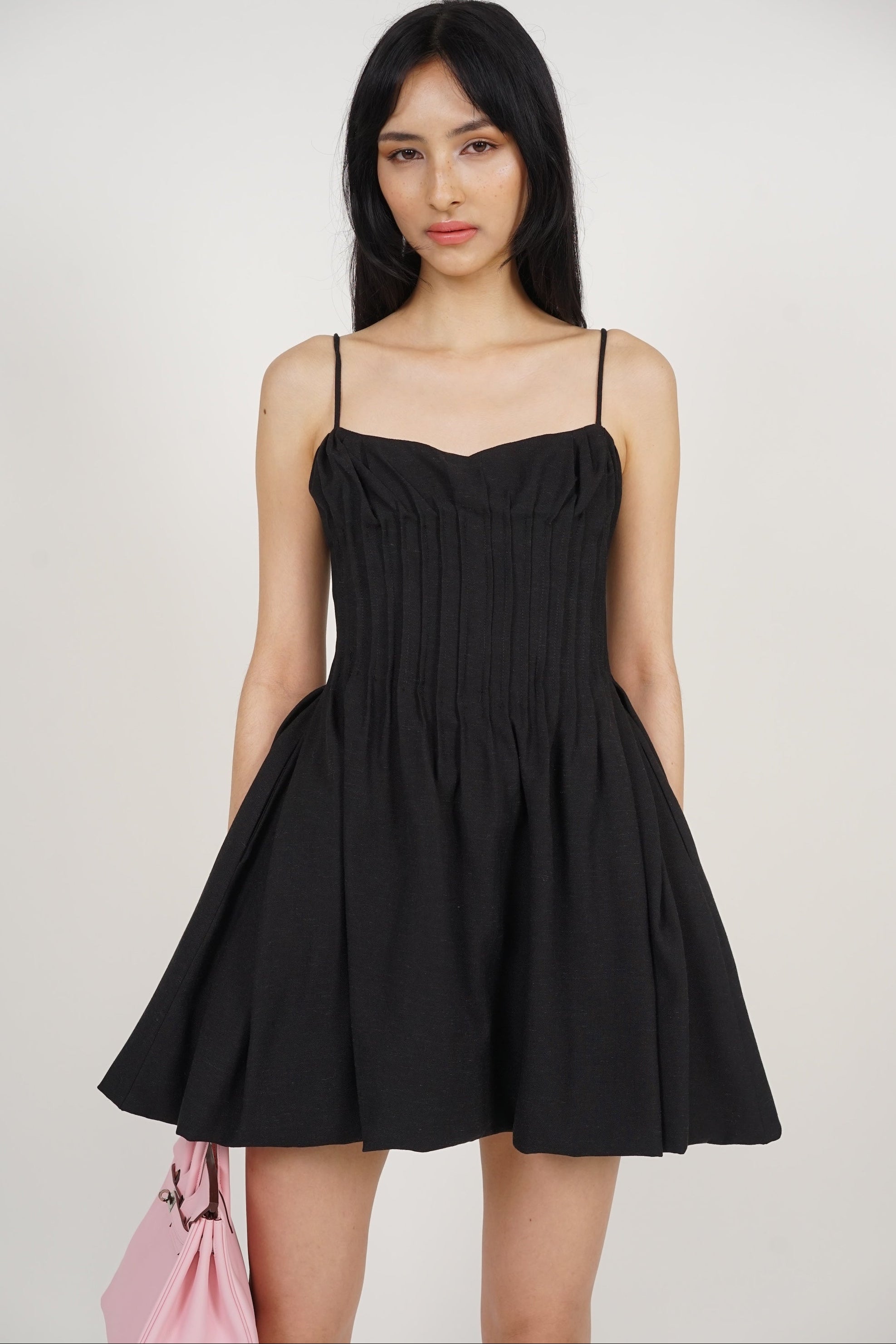 Pintuck Bubble-Hem Dress in Black