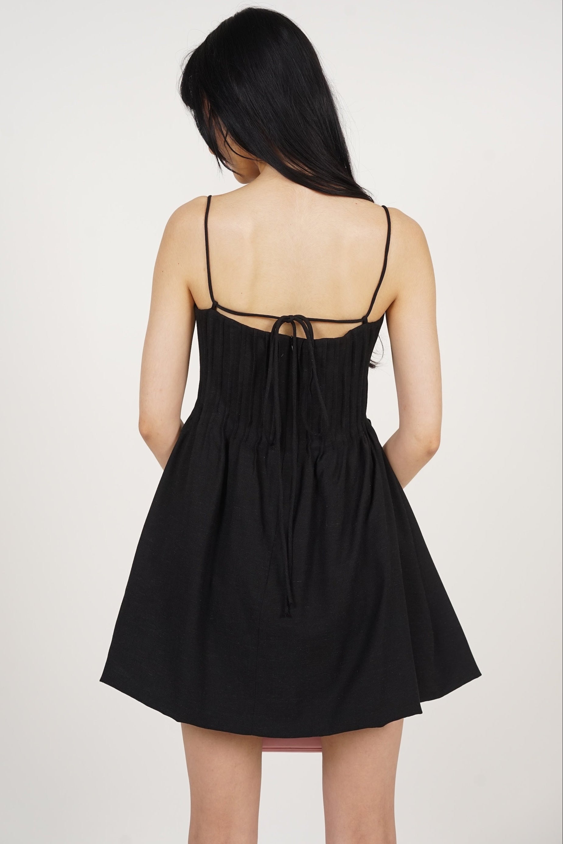 Pintuck Bubble-Hem Dress in Black