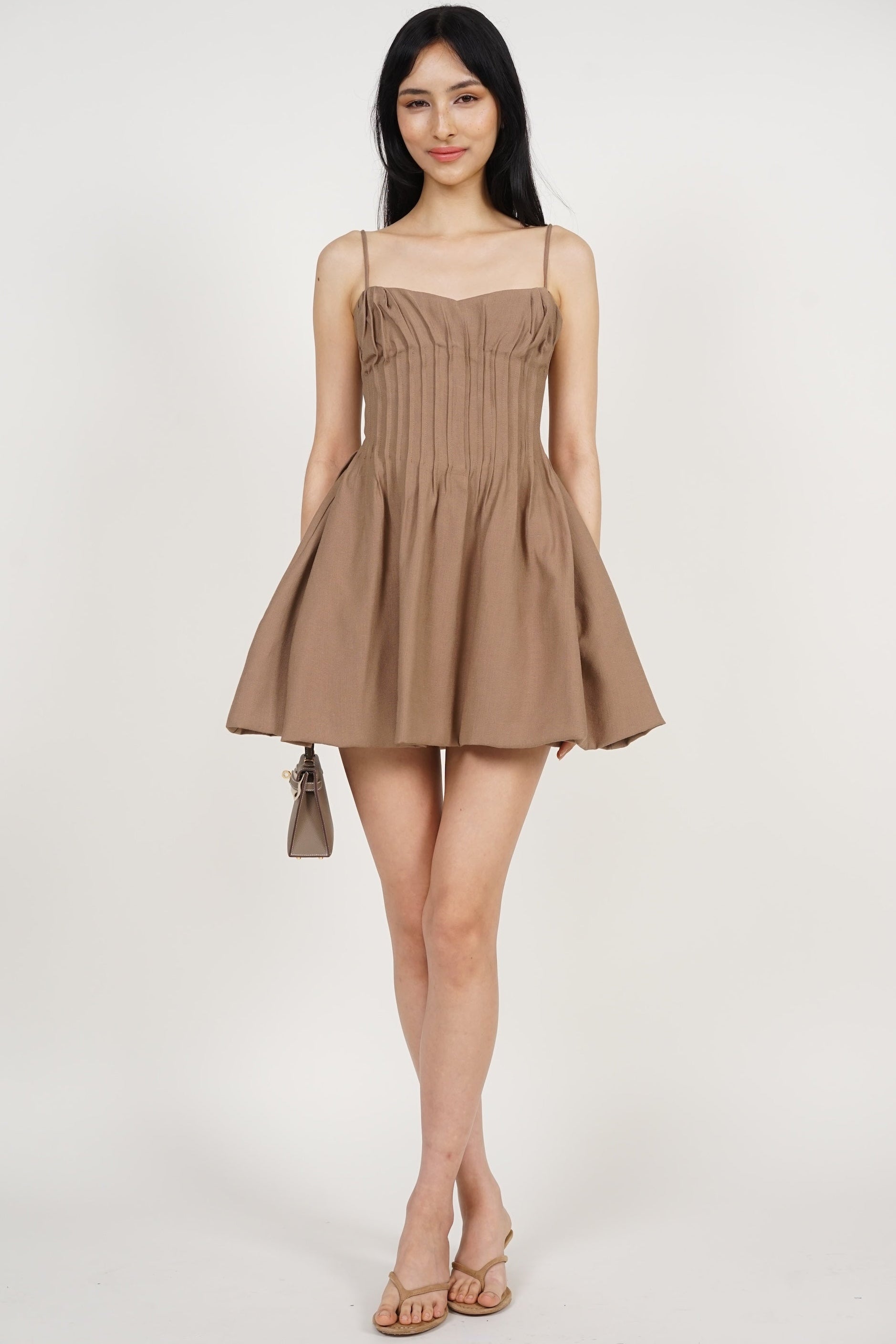 Pintuck Bubble-Hem Dress in Bronze
