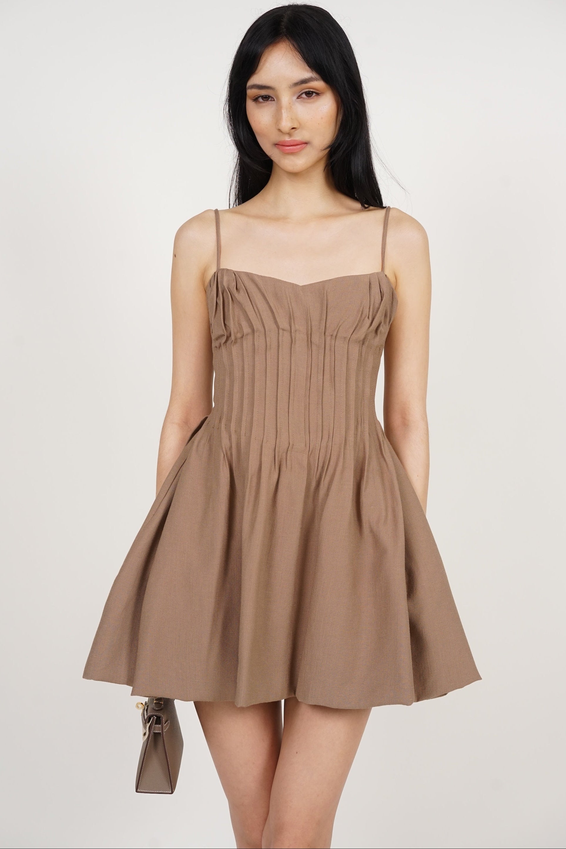 Pintuck Bubble-Hem Dress in Bronze