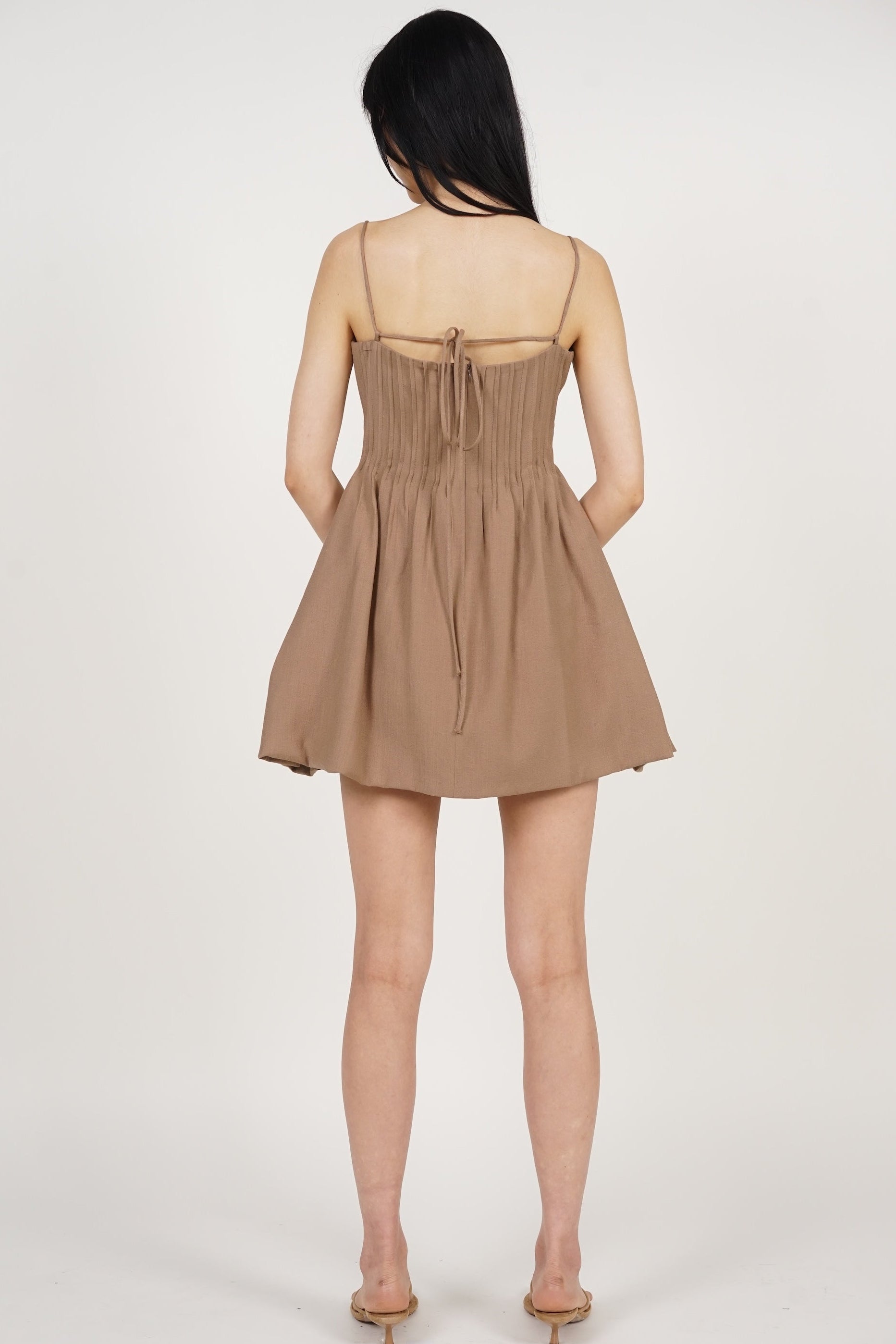 Pintuck Bubble-Hem Dress in Bronze