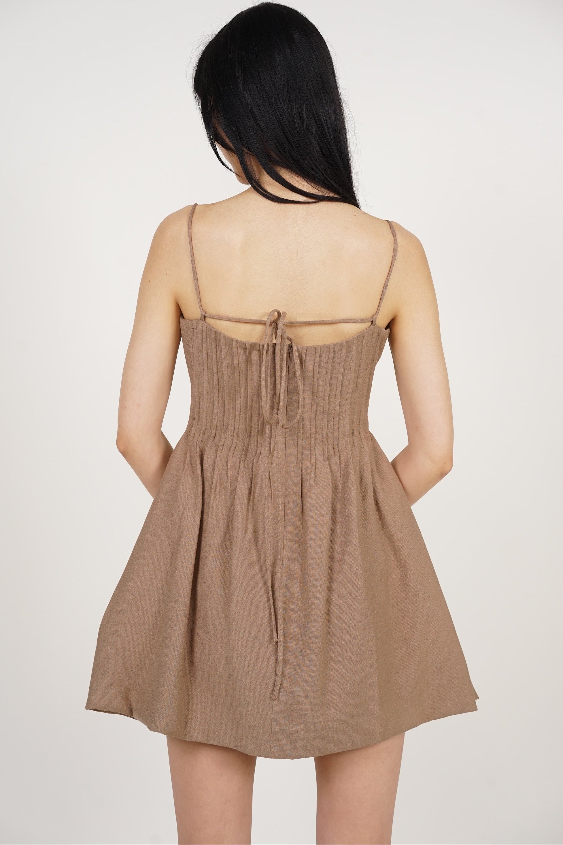 Pintuck Bubble-Hem Dress in Bronze