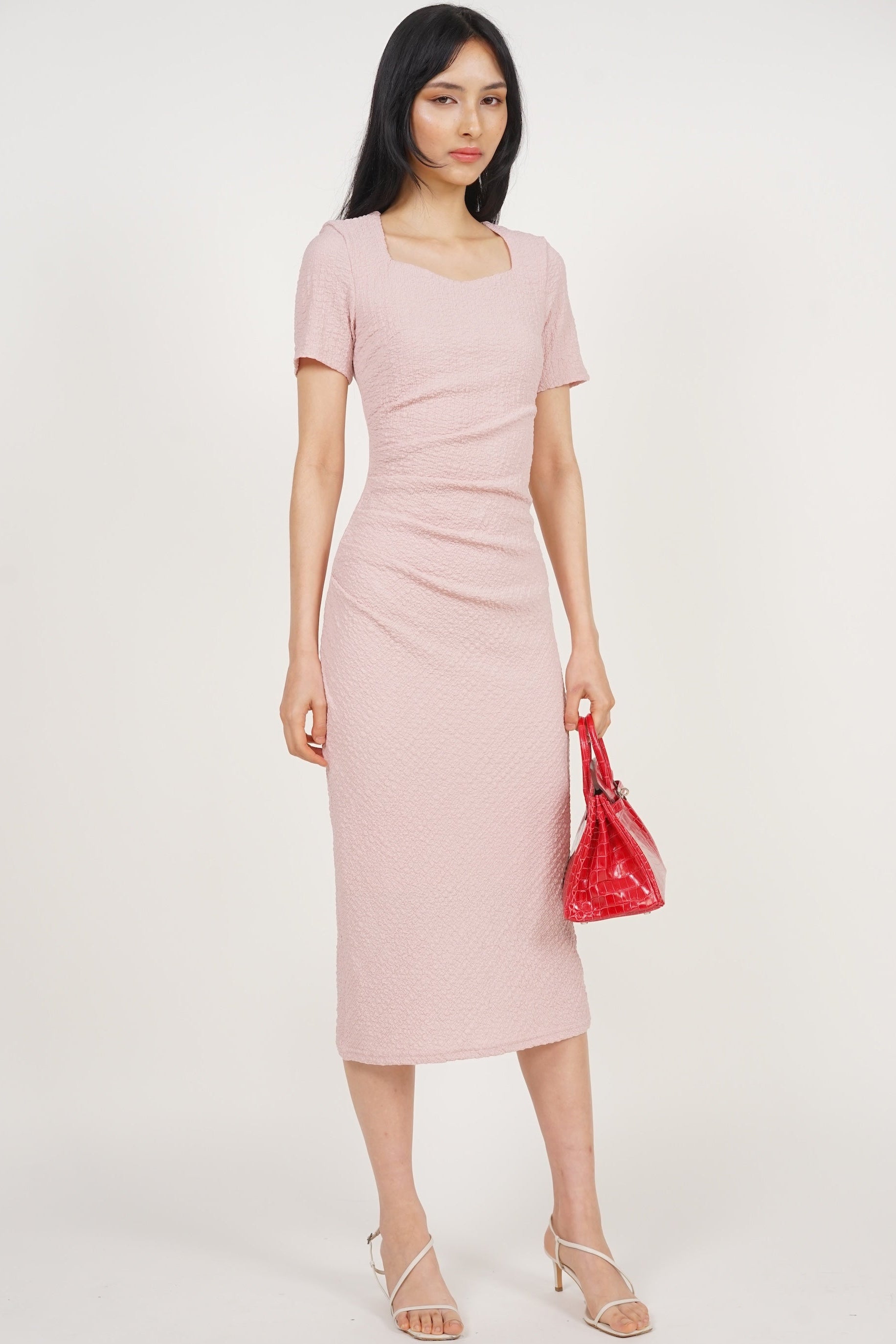 Side Pleated Midi Dress in Pink