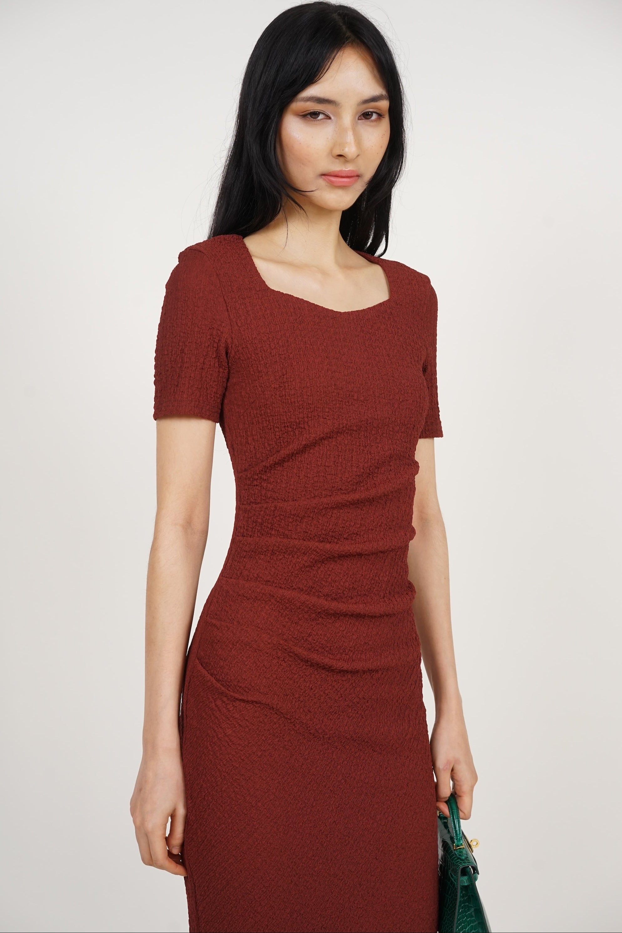 Side Pleated Midi Dress in Brick