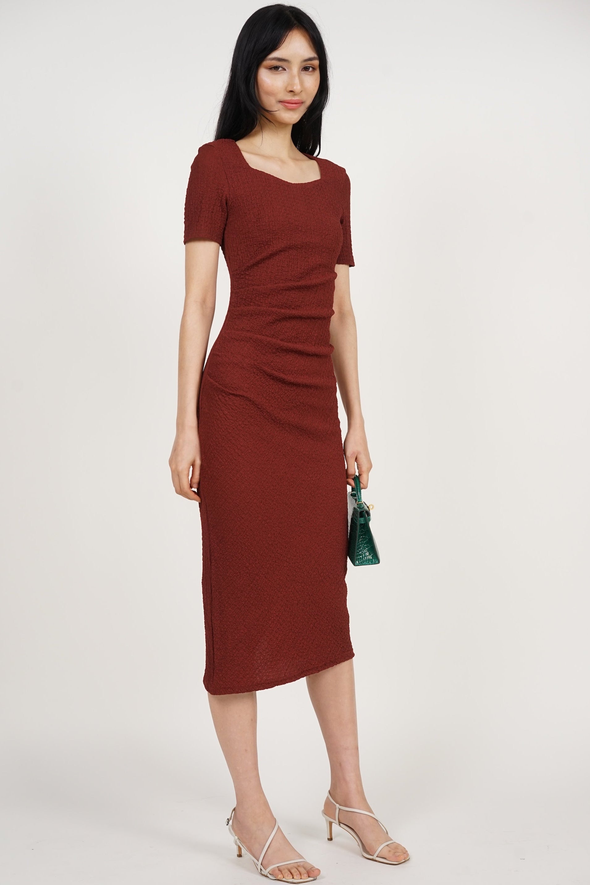 Side Pleated Midi Dress in Brick