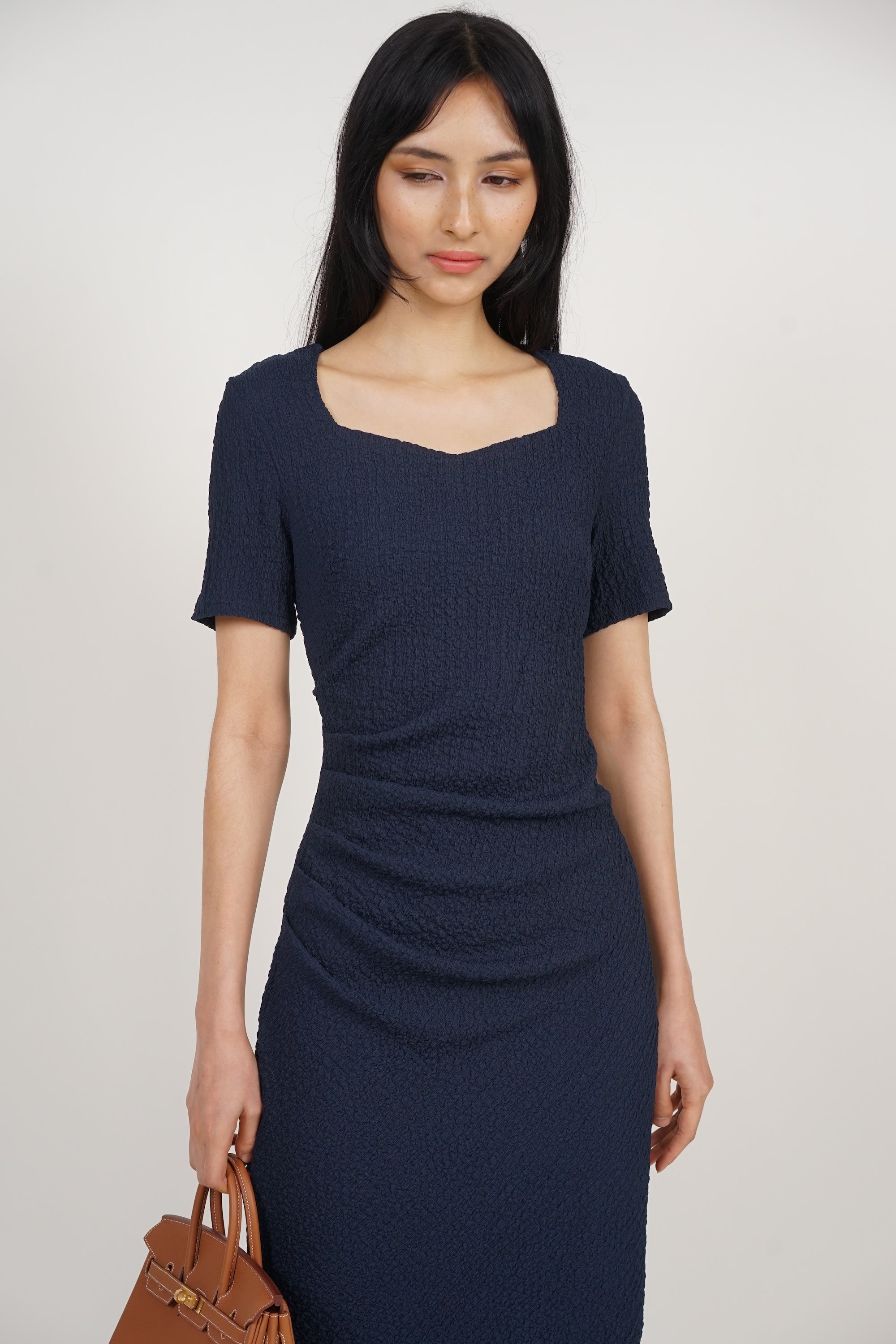 Side Pleated Midi Dress in Midnight