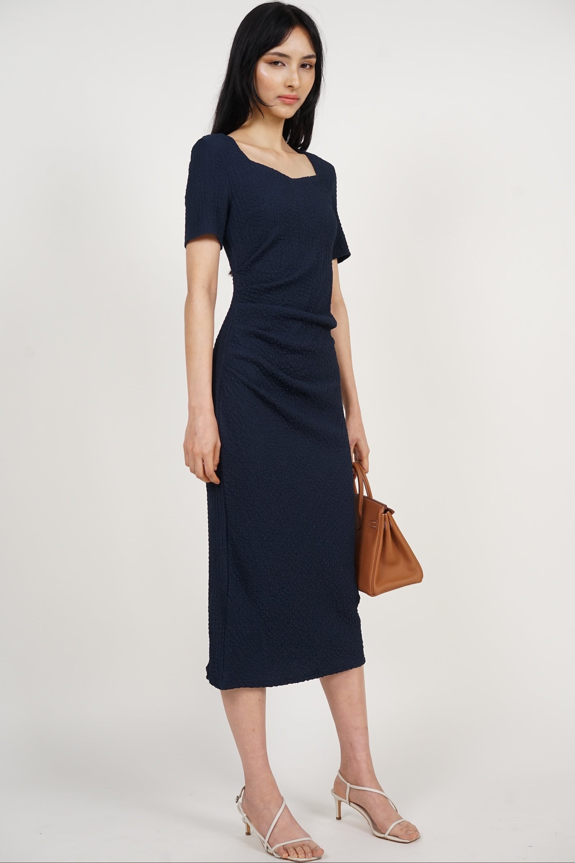 Side Pleated Midi Dress in Midnight