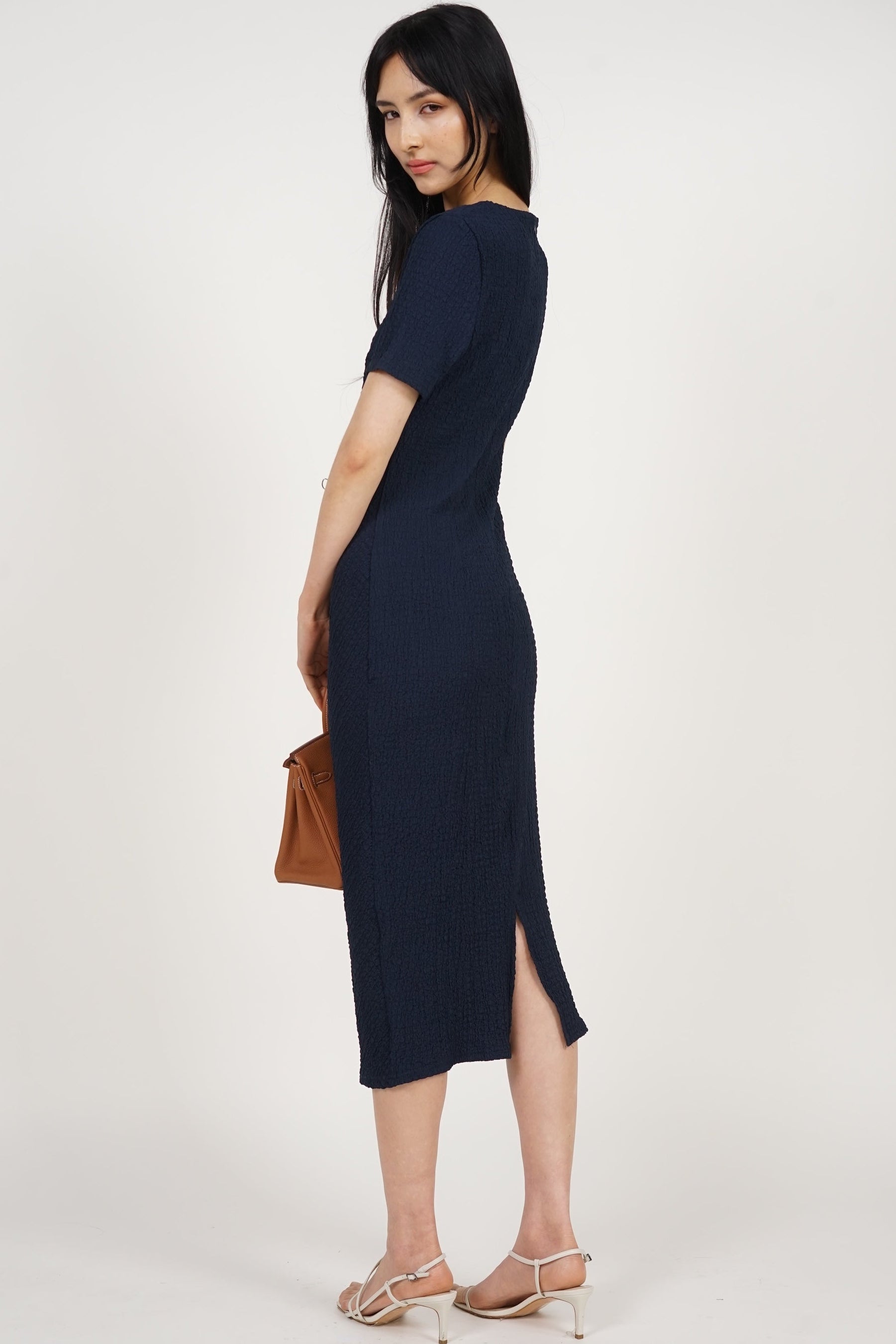 Side Pleated Midi Dress in Midnight