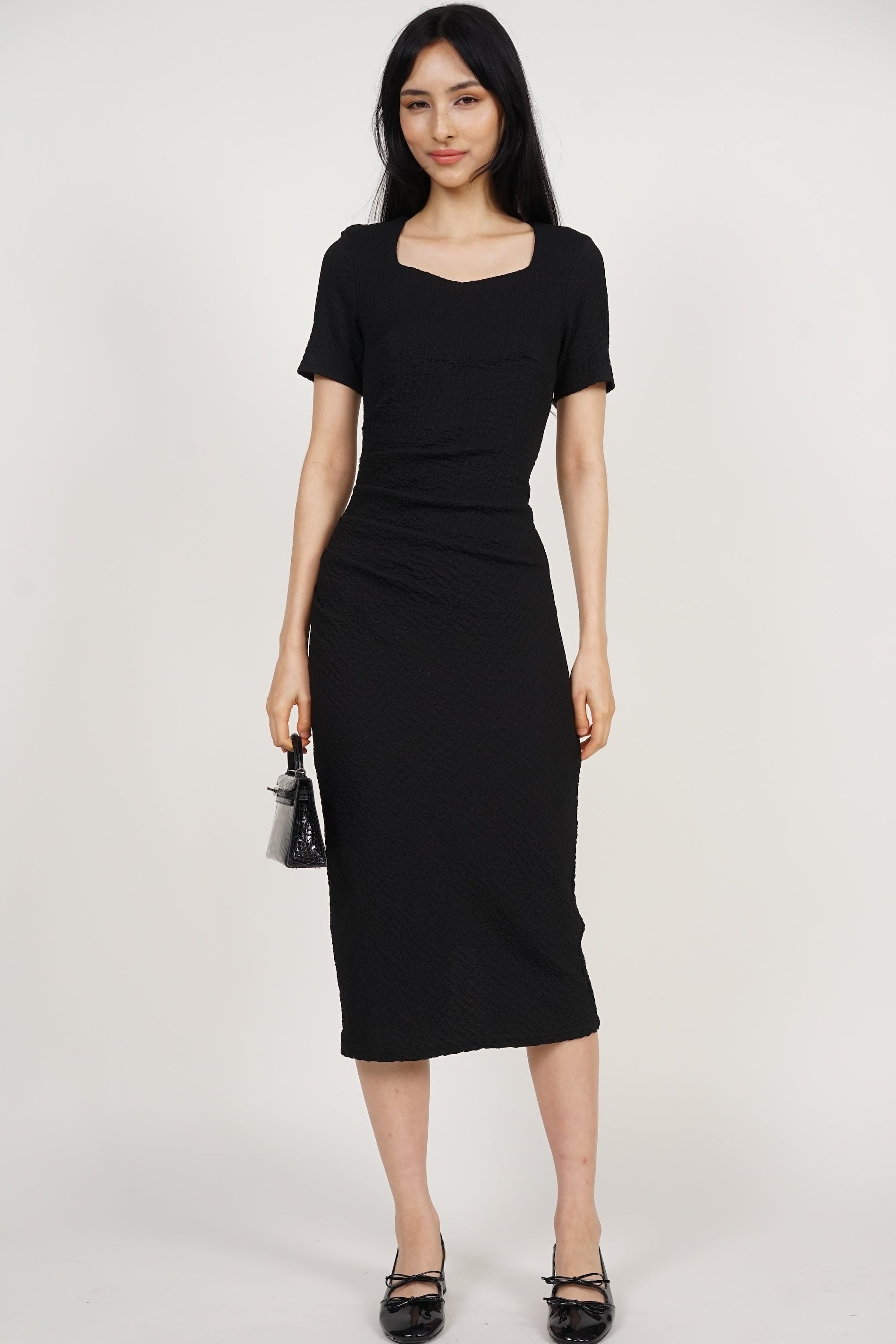 Side Pleated Midi Dress in Black