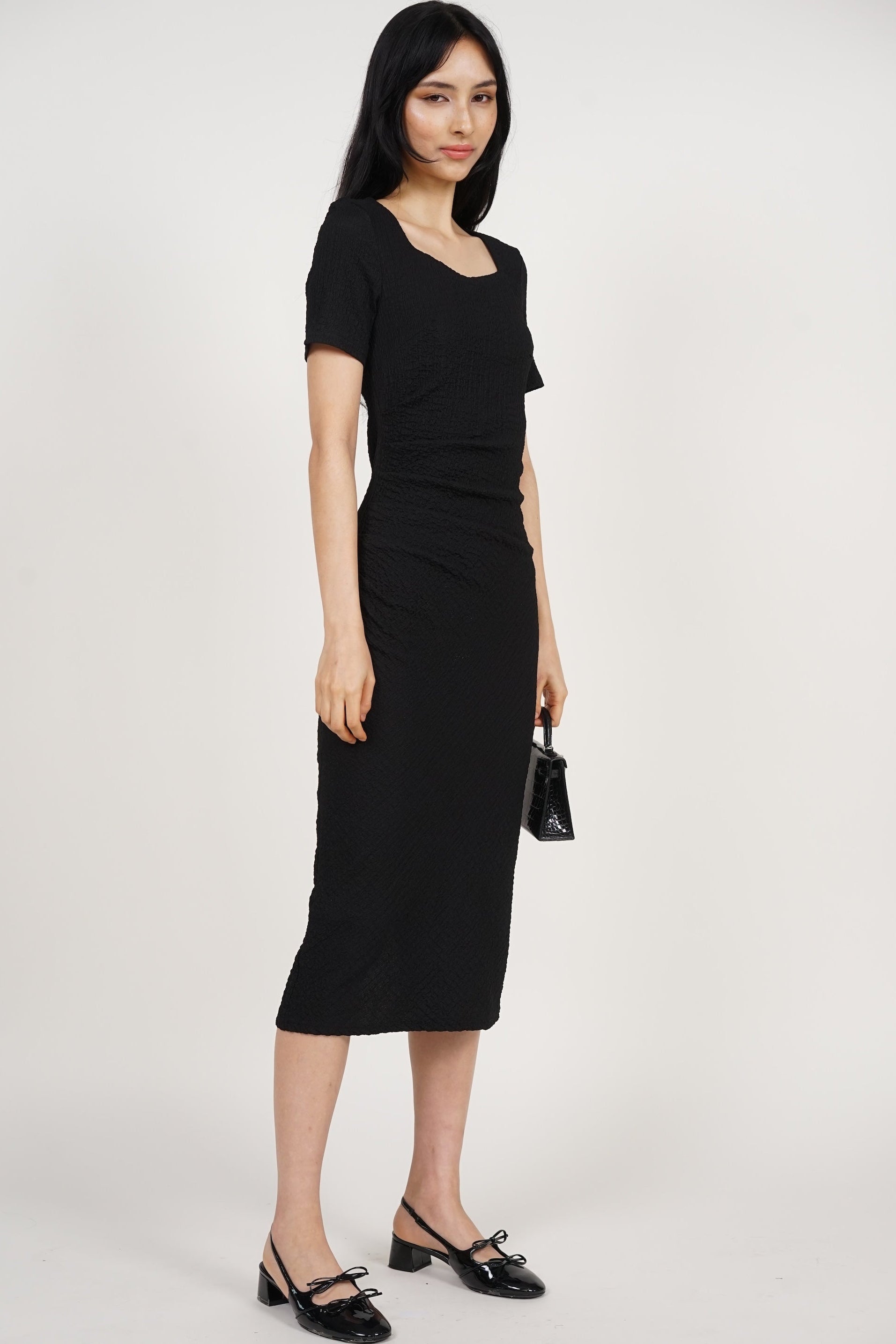 Side Pleated Midi Dress in Black