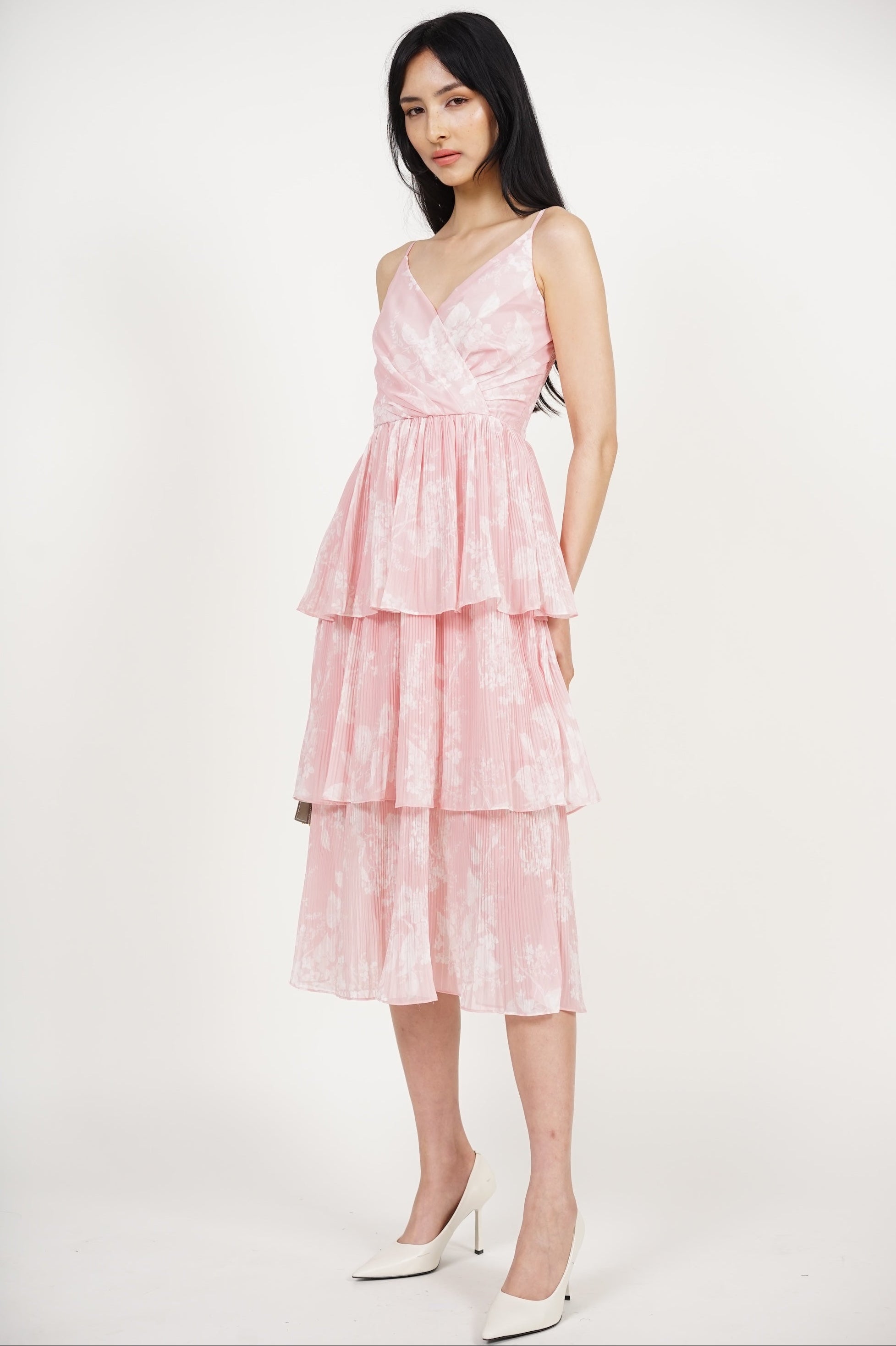 Wrap Tiered Pleated Dress in Pink Floral