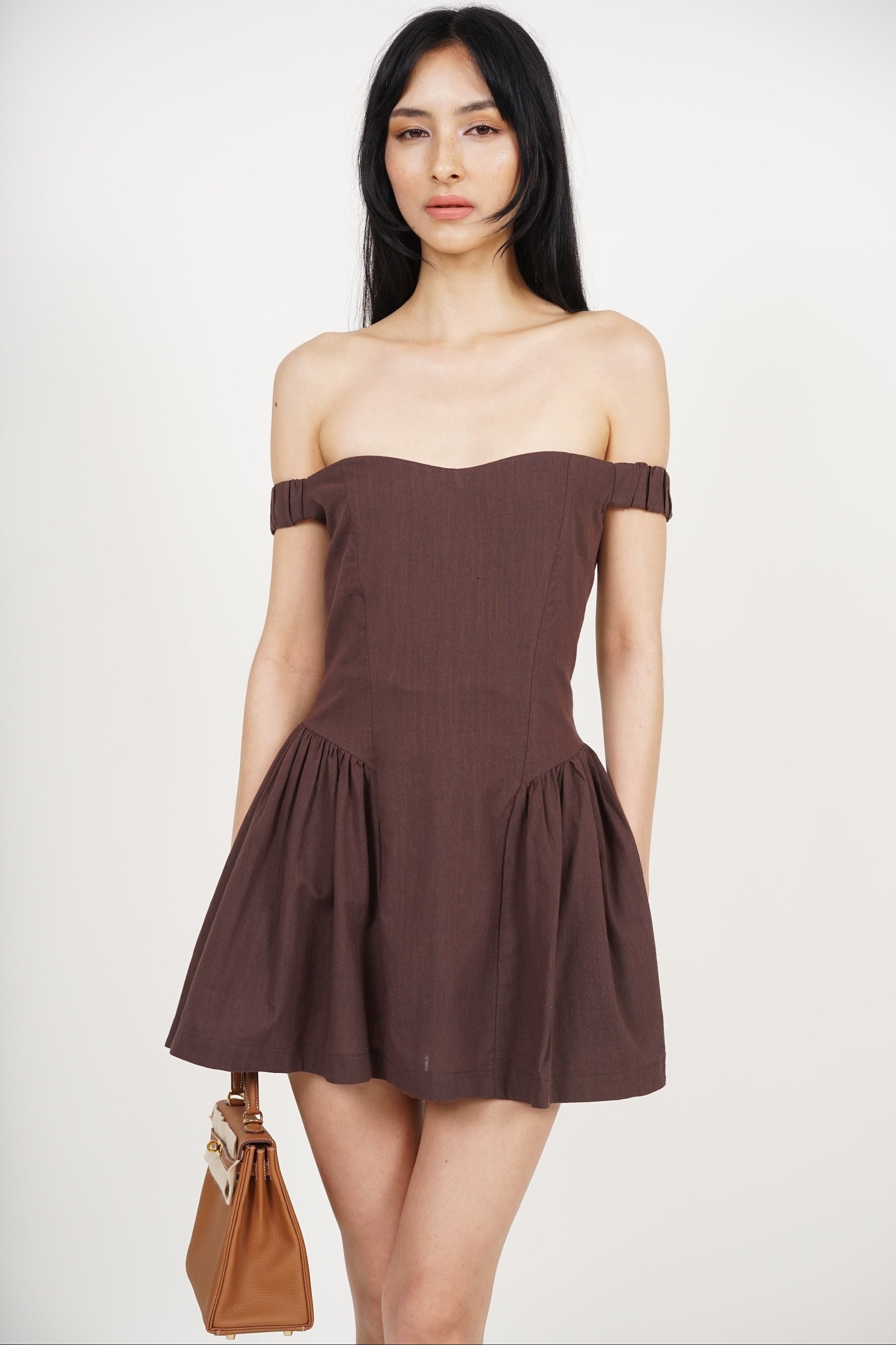 Off-Shoulder Mini Dress in Brown