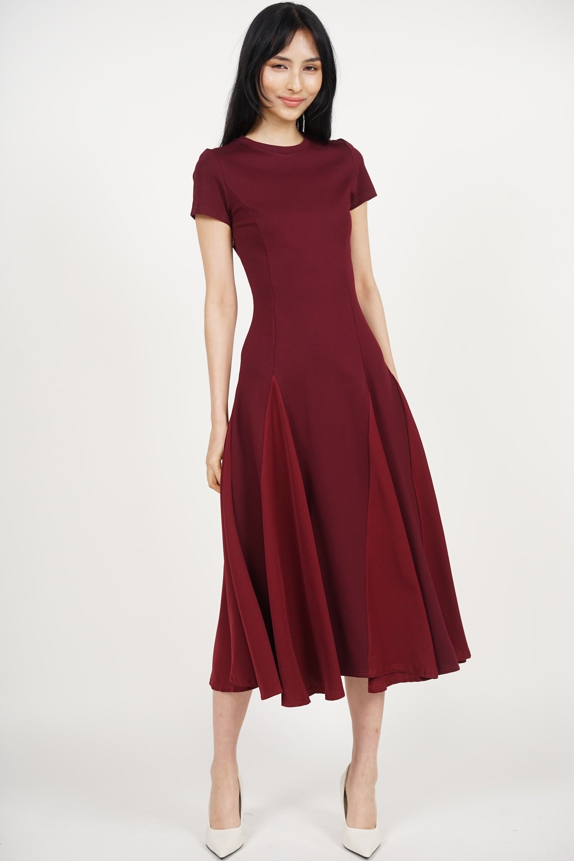 COMING SOON - Midi Godet Colorblock Dress in Burgundy Maroon