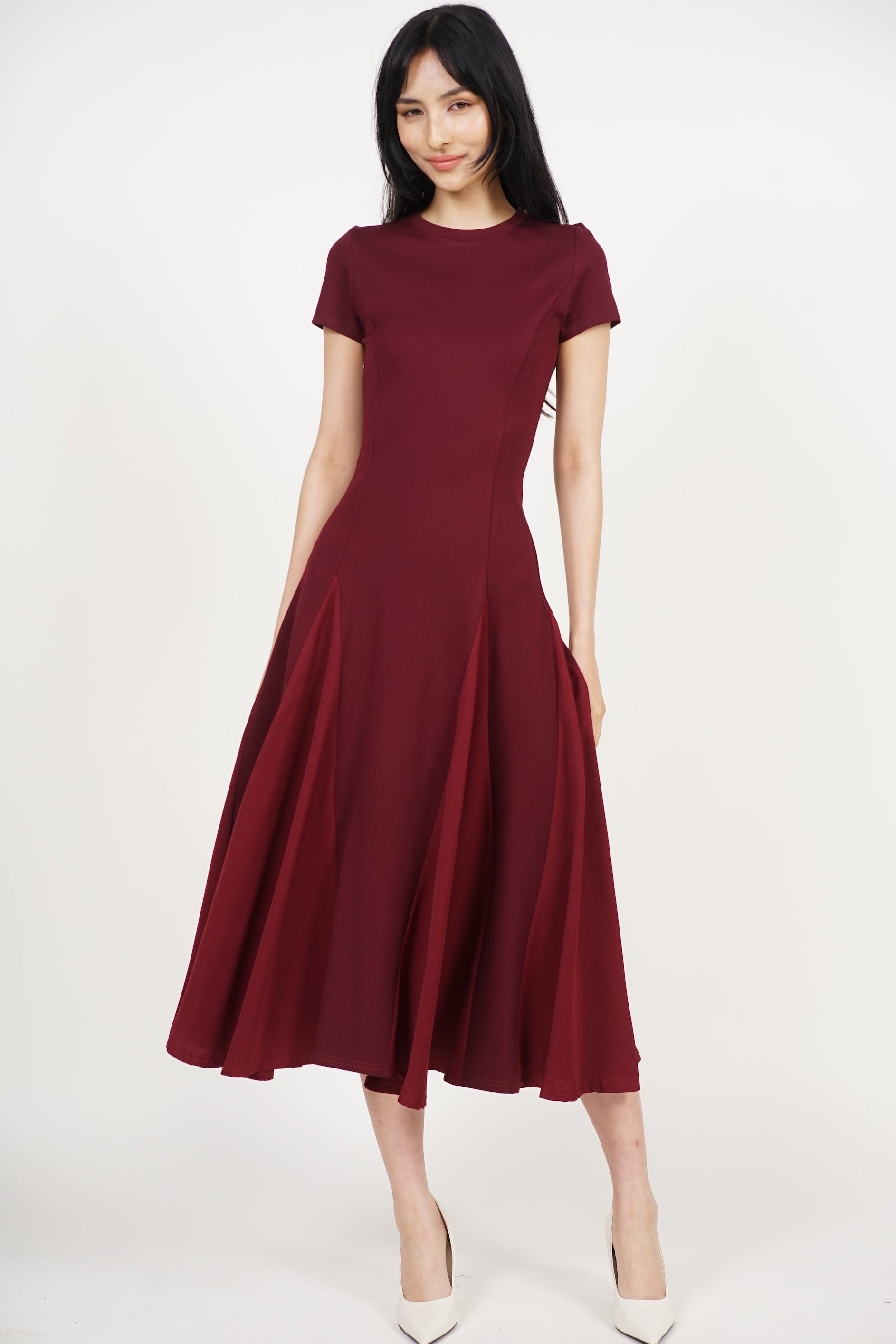 COMING SOON - Midi Godet Colorblock Dress in Burgundy Maroon