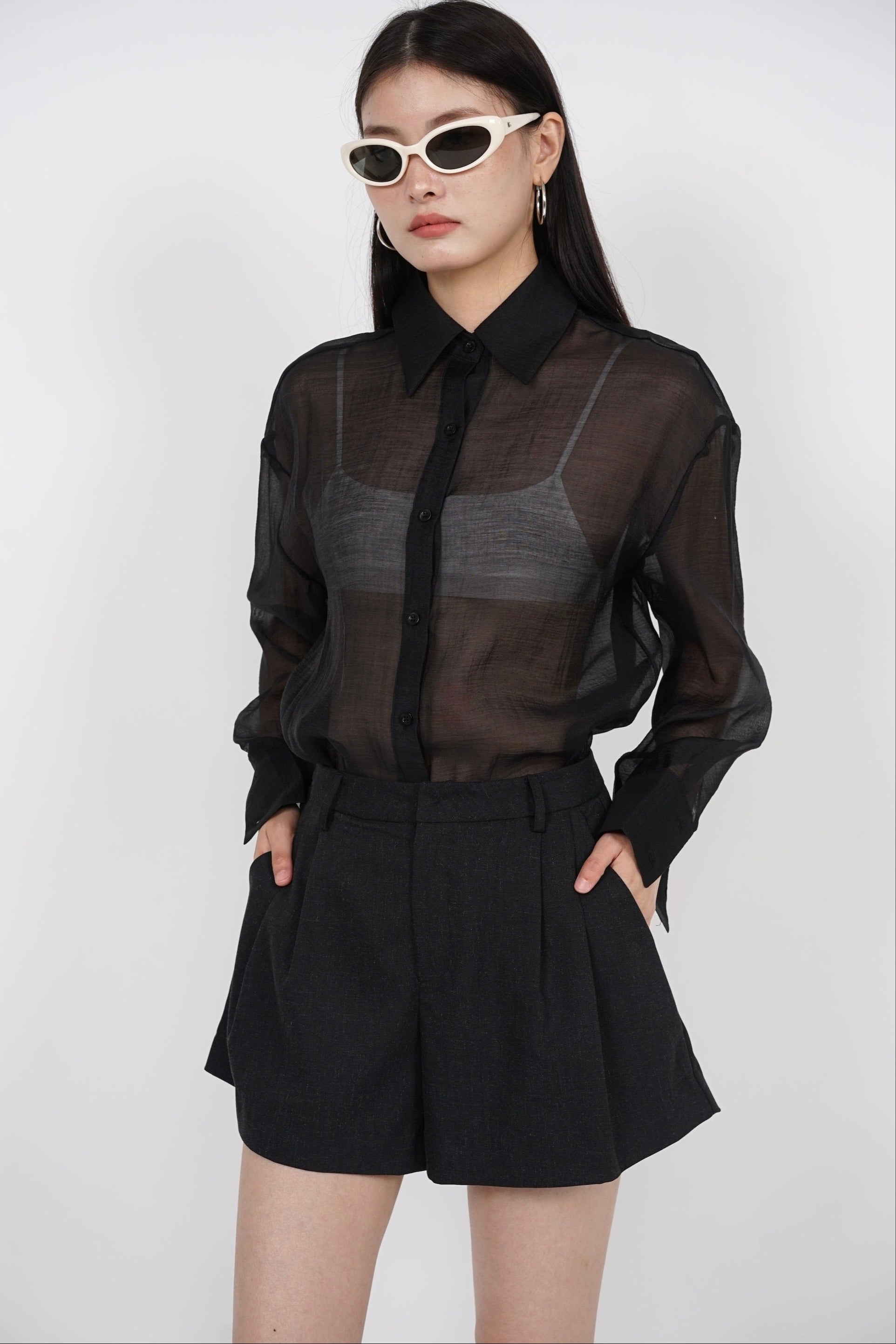 Flared Pleated Shorts in Charcoal