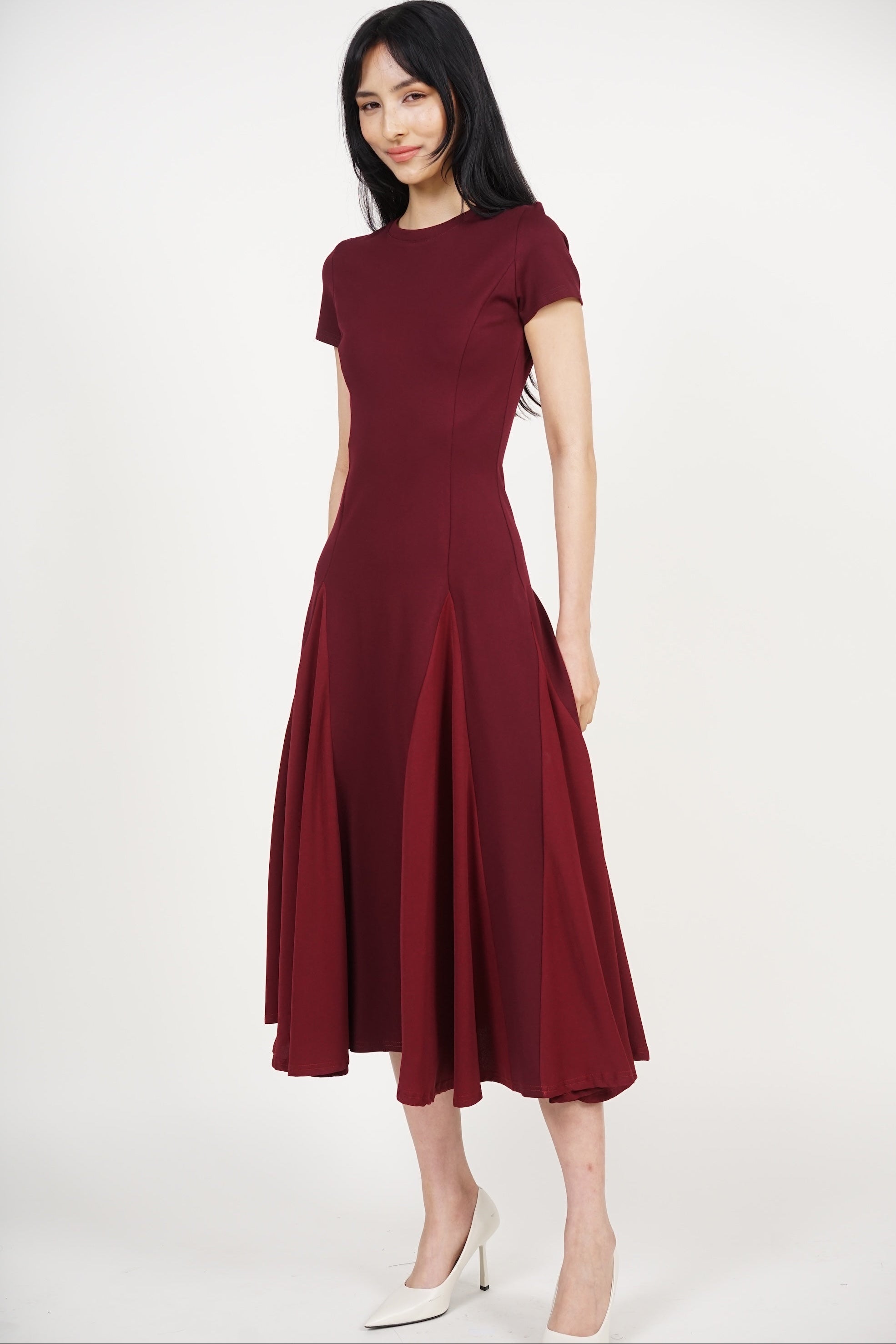 COMING SOON - Midi Godet Colorblock Dress in Burgundy Maroon