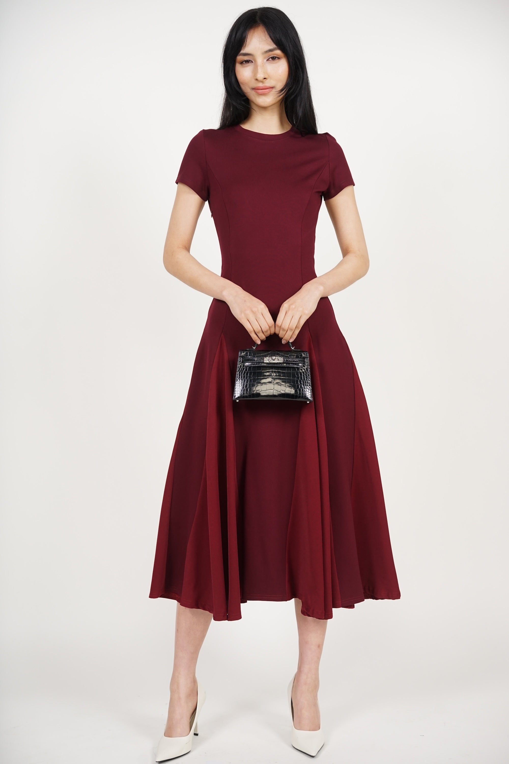 COMING SOON - Midi Godet Colorblock Dress in Burgundy Maroon
