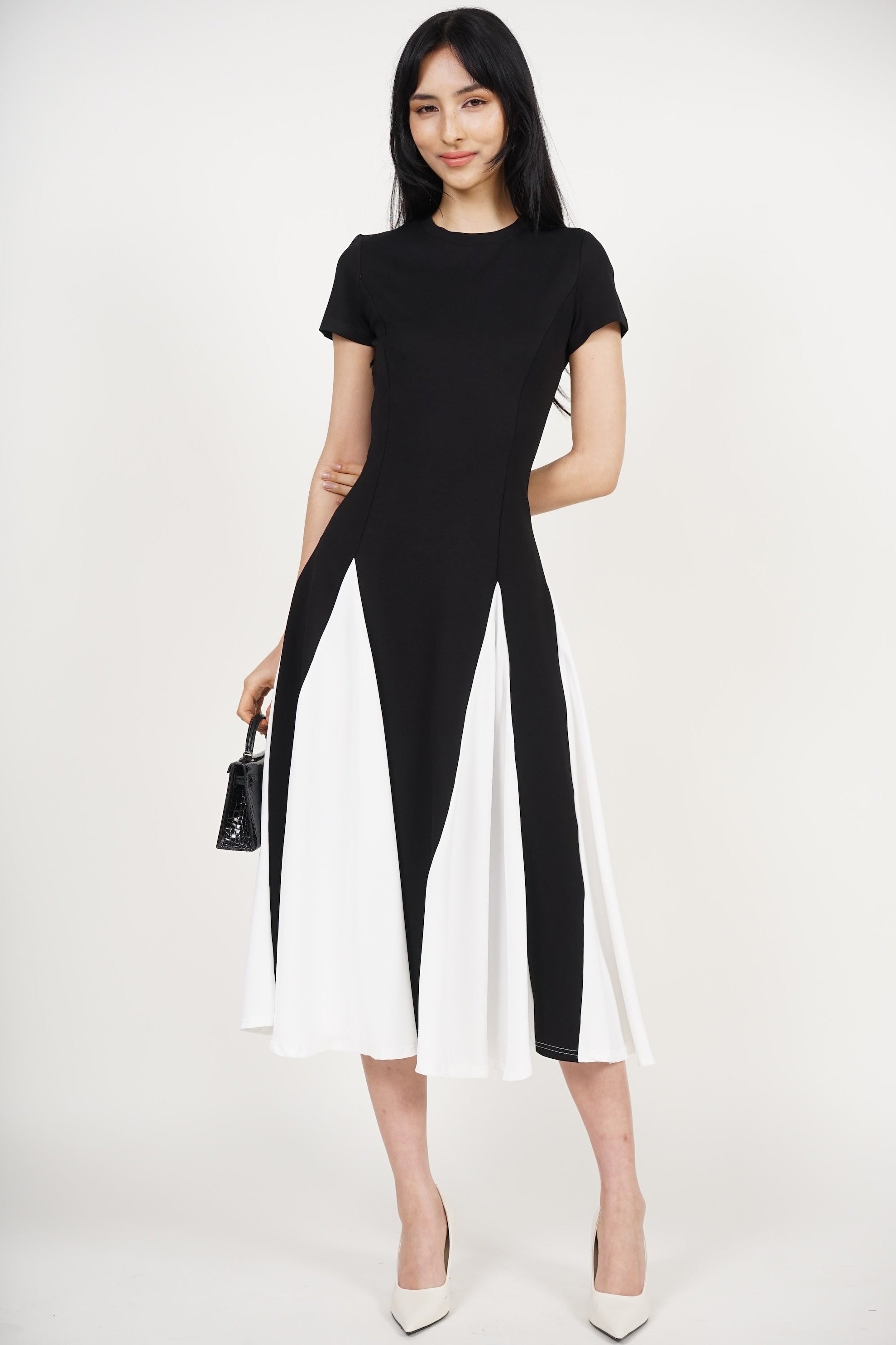 COMING SOON - Midi Godet Colorblock Dress in Black White