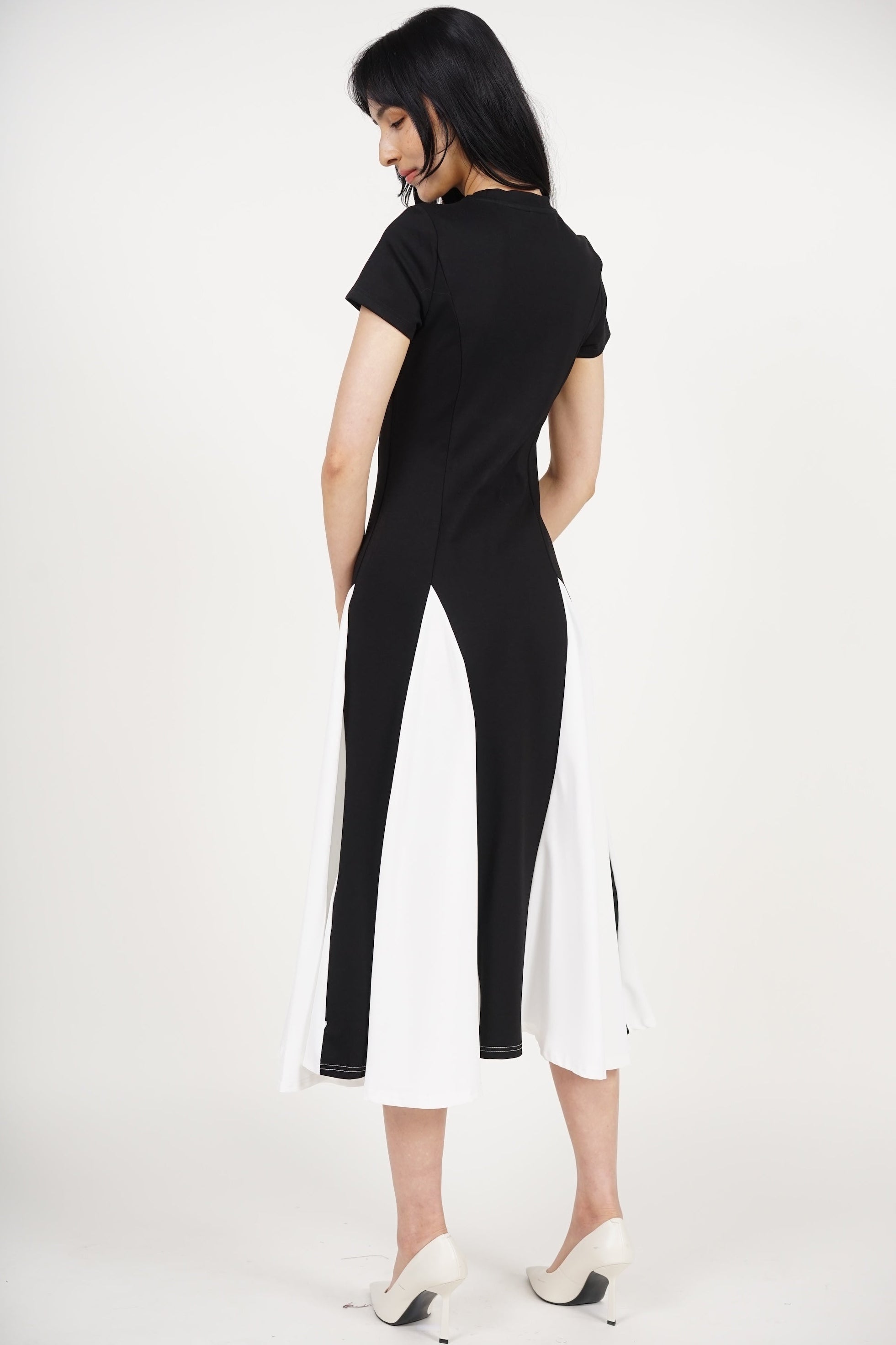 Midi Godet Colorblock Dress in Black White