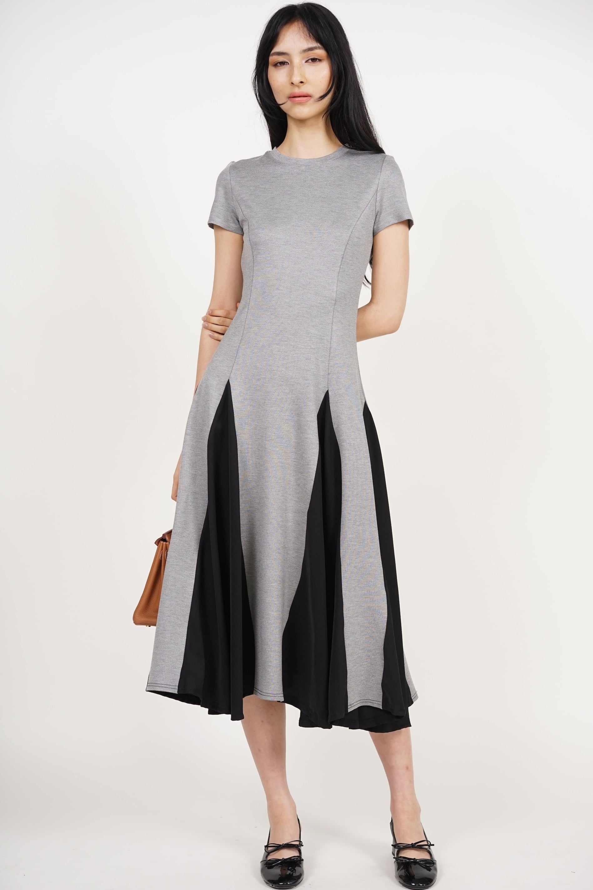 COMING SOON - Midi Godet Colorblock Dress in Grey Black