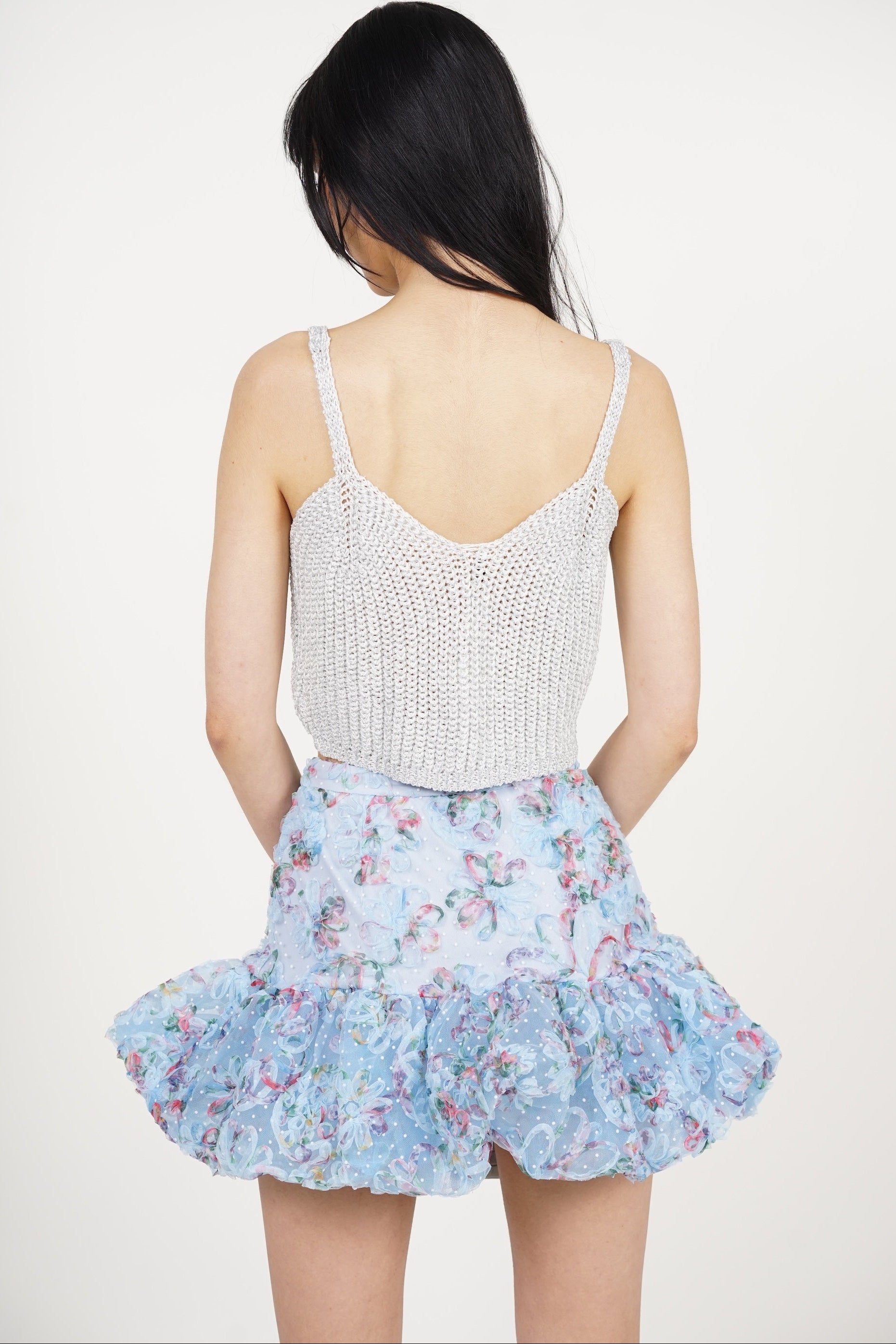 Bubble-Hem Mesh Skorts in Blue Floral