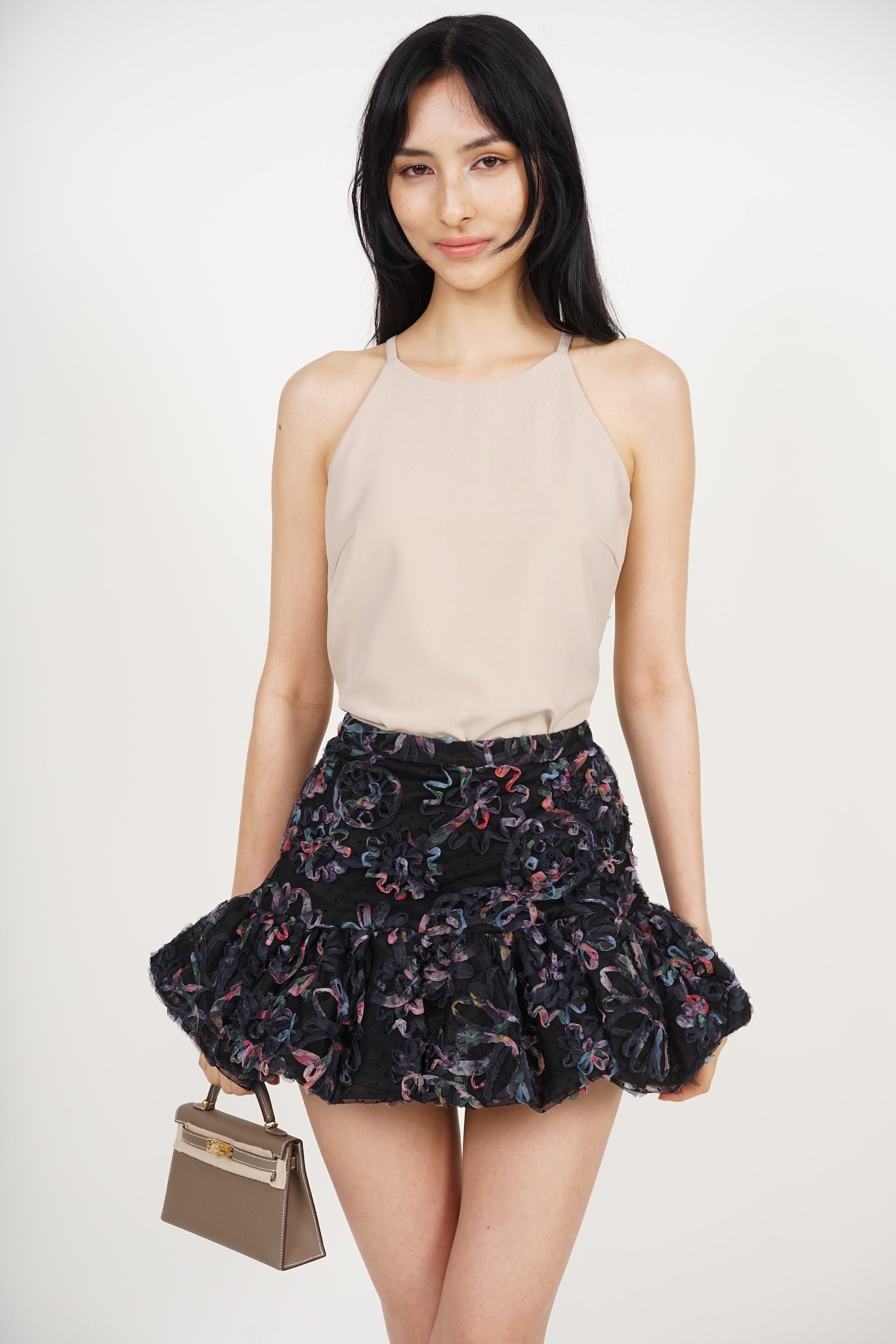 Bubble-Hem Mesh Skorts in Black Floral