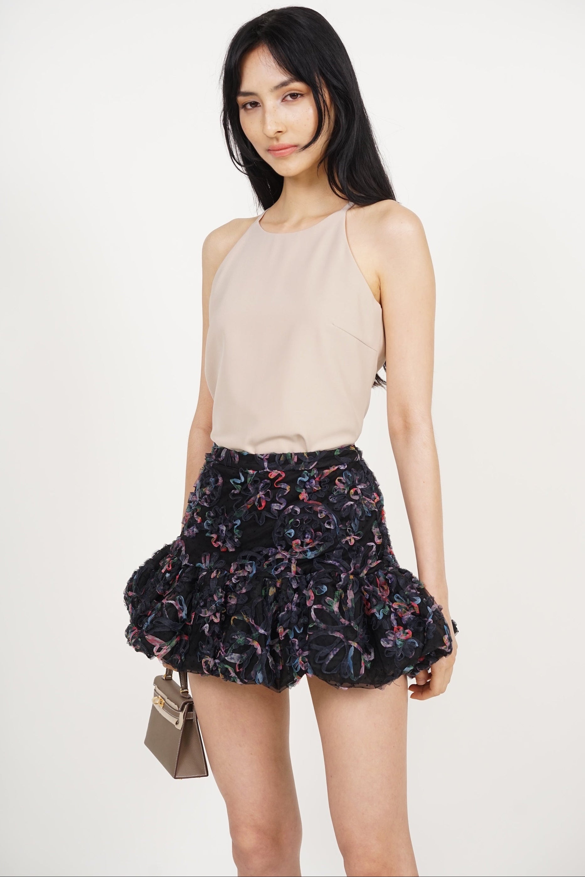 Bubble-Hem Mesh Skorts in Black Floral