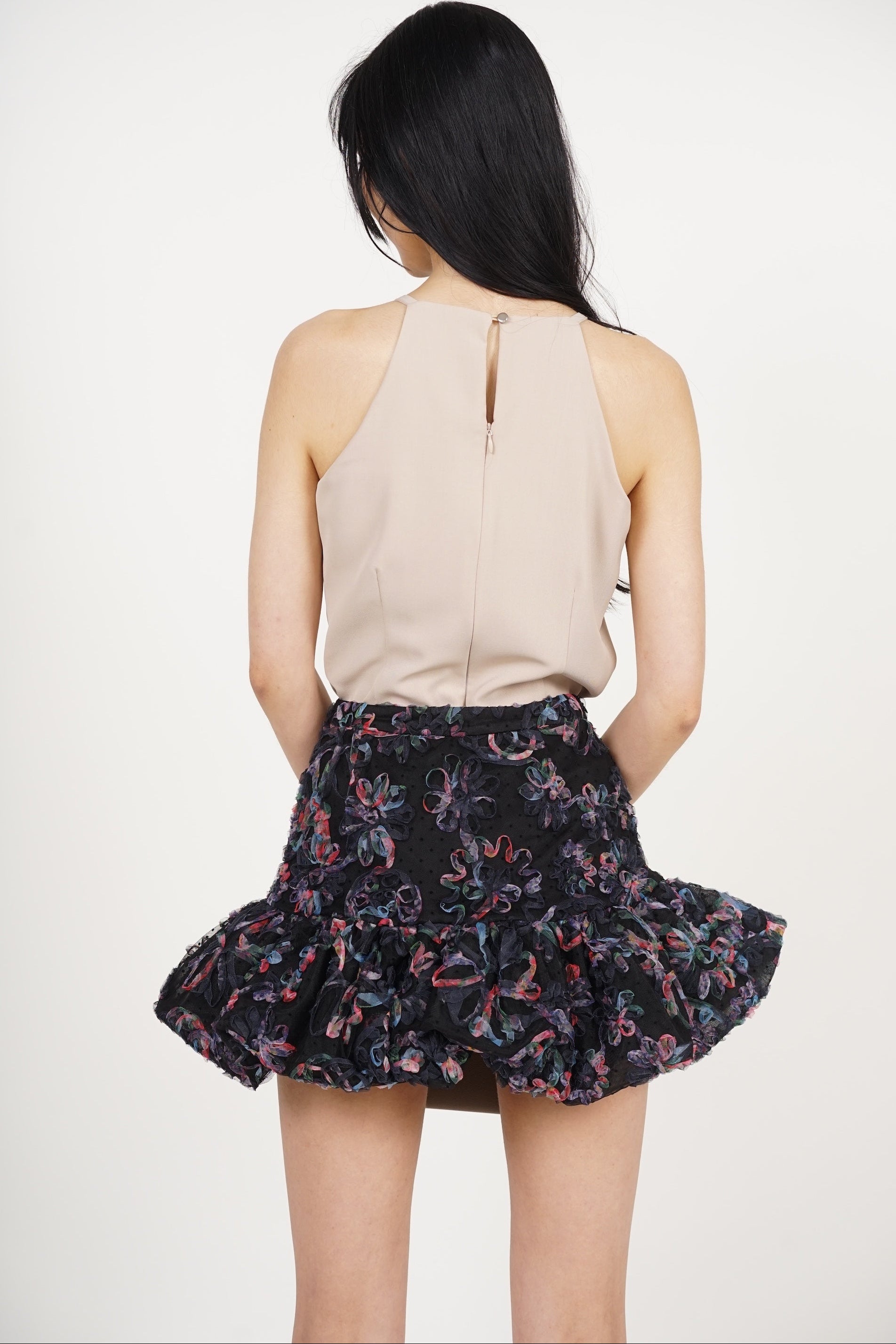 Bubble-Hem Mesh Skorts in Black Floral