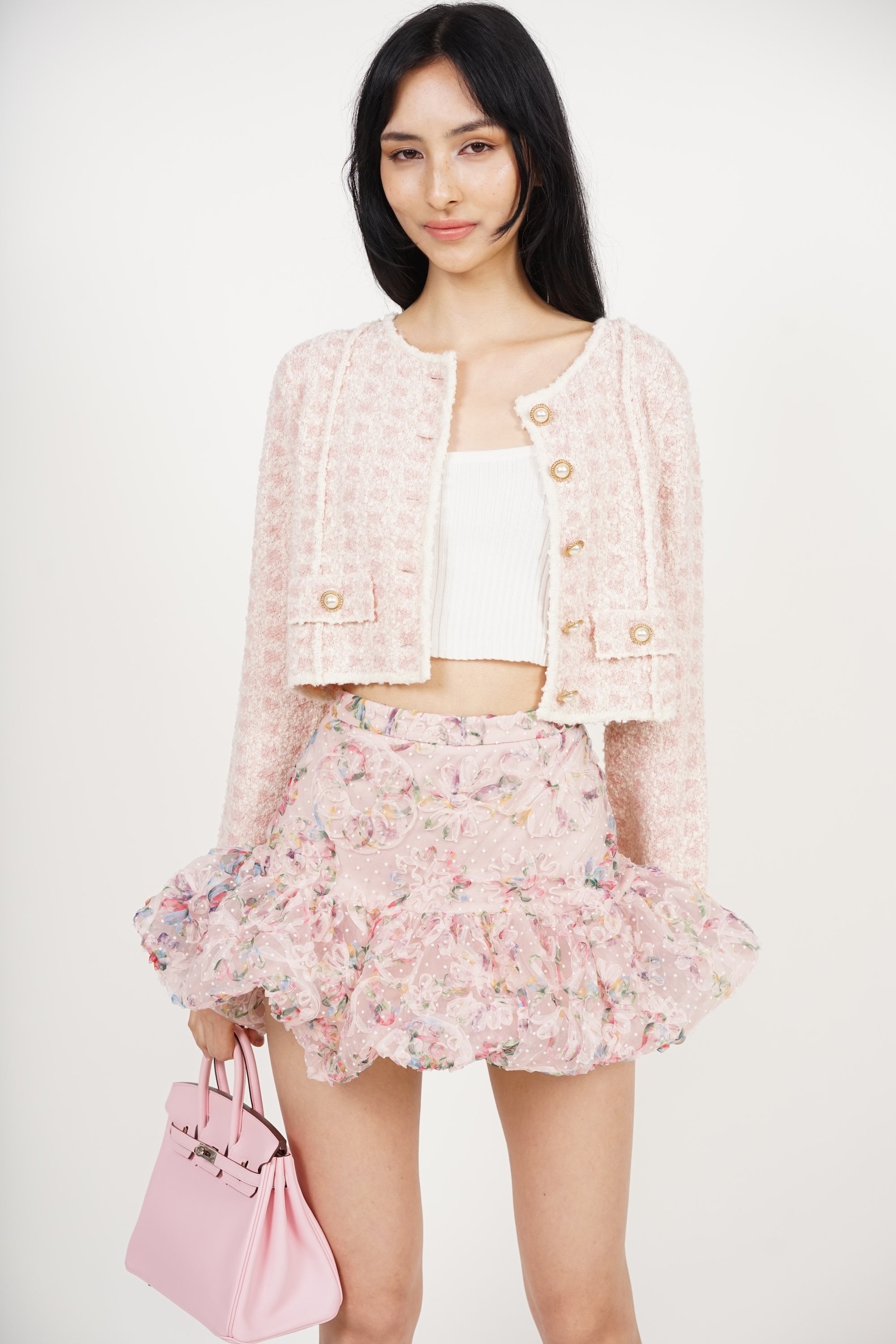 Bubble-Hem Mesh Skorts in Pink Floral