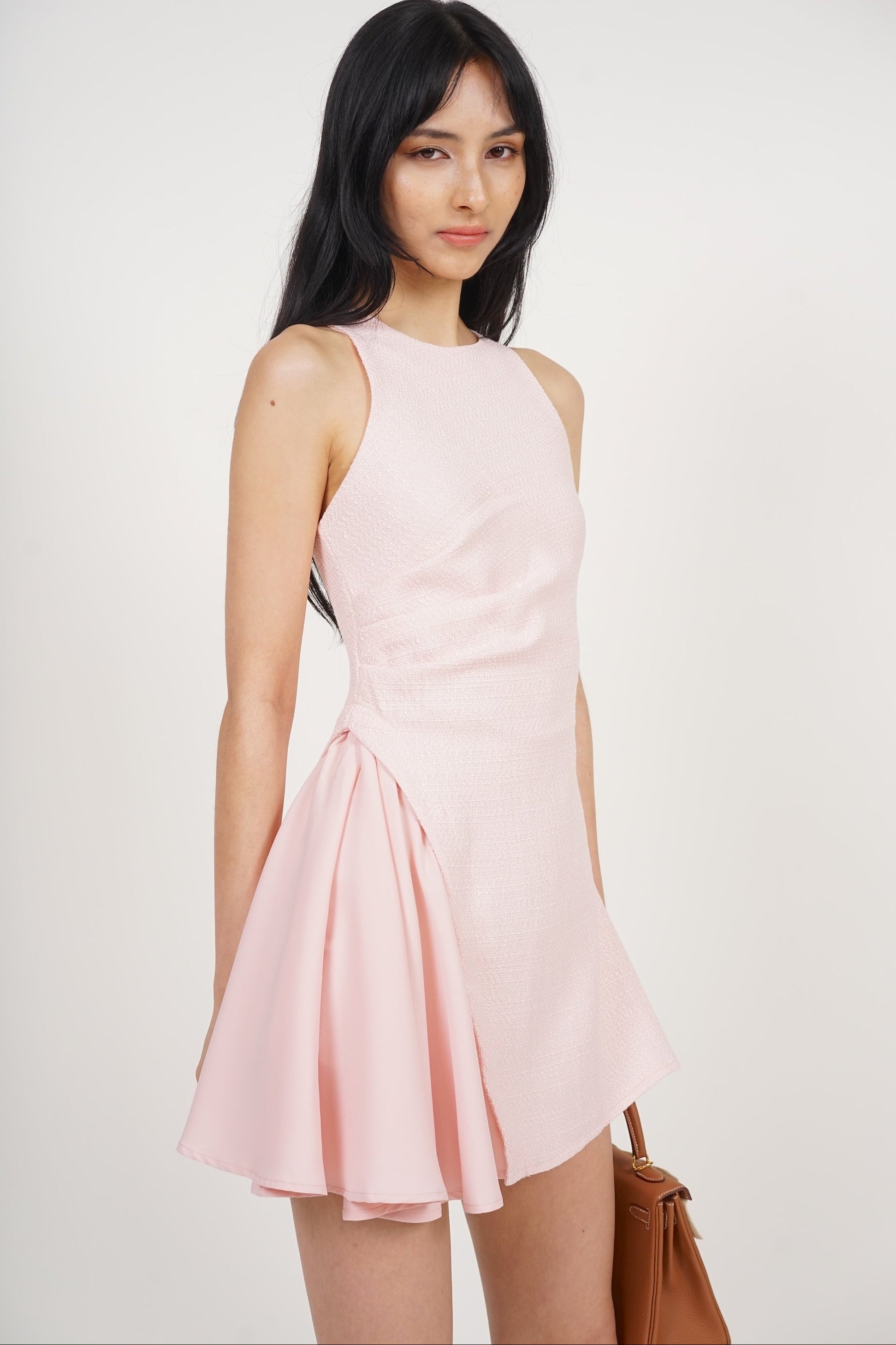 Asymmetrical Ruched Romper in Pink Tweed