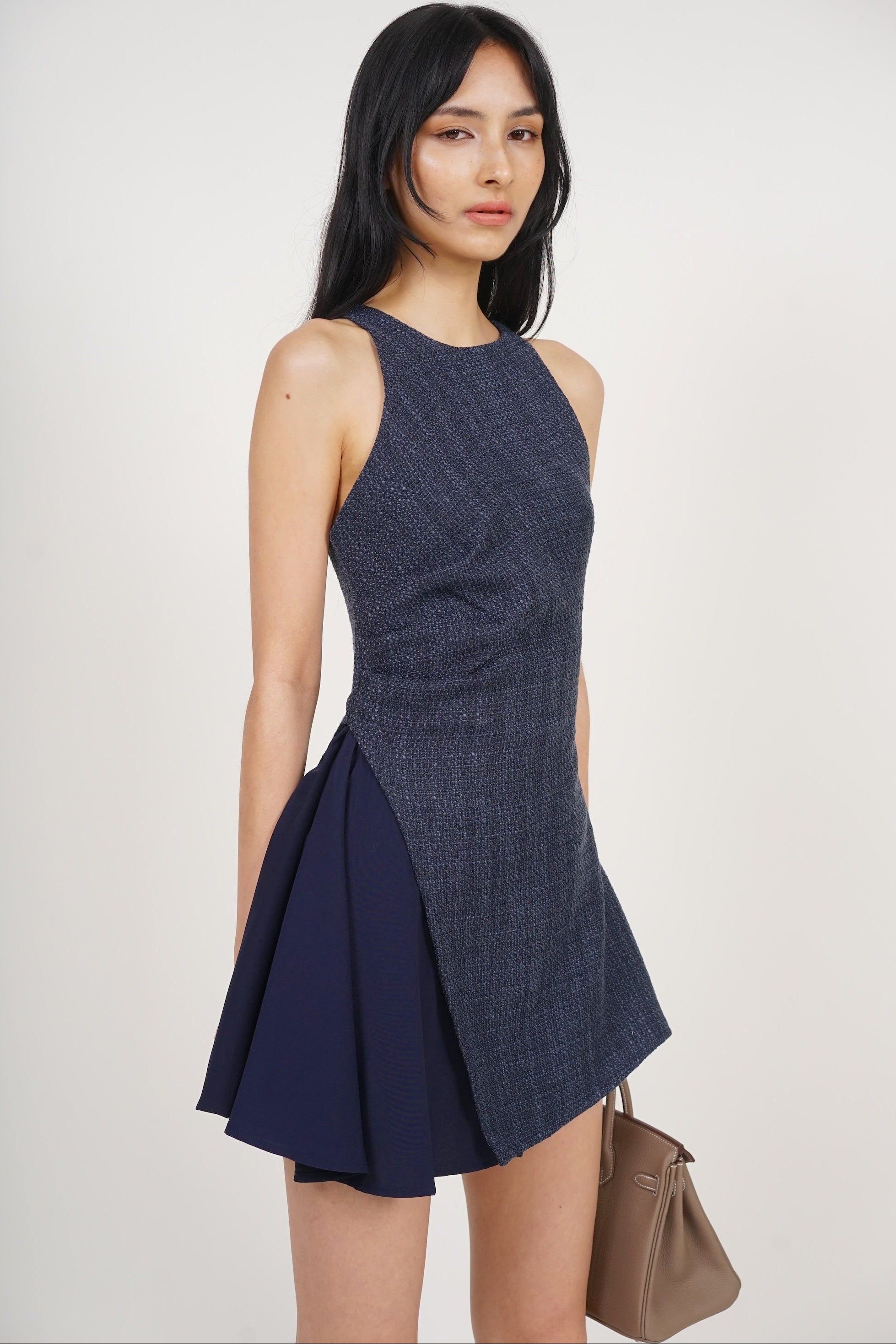 Asymmetrical Ruched Romper in Midnight Tweed