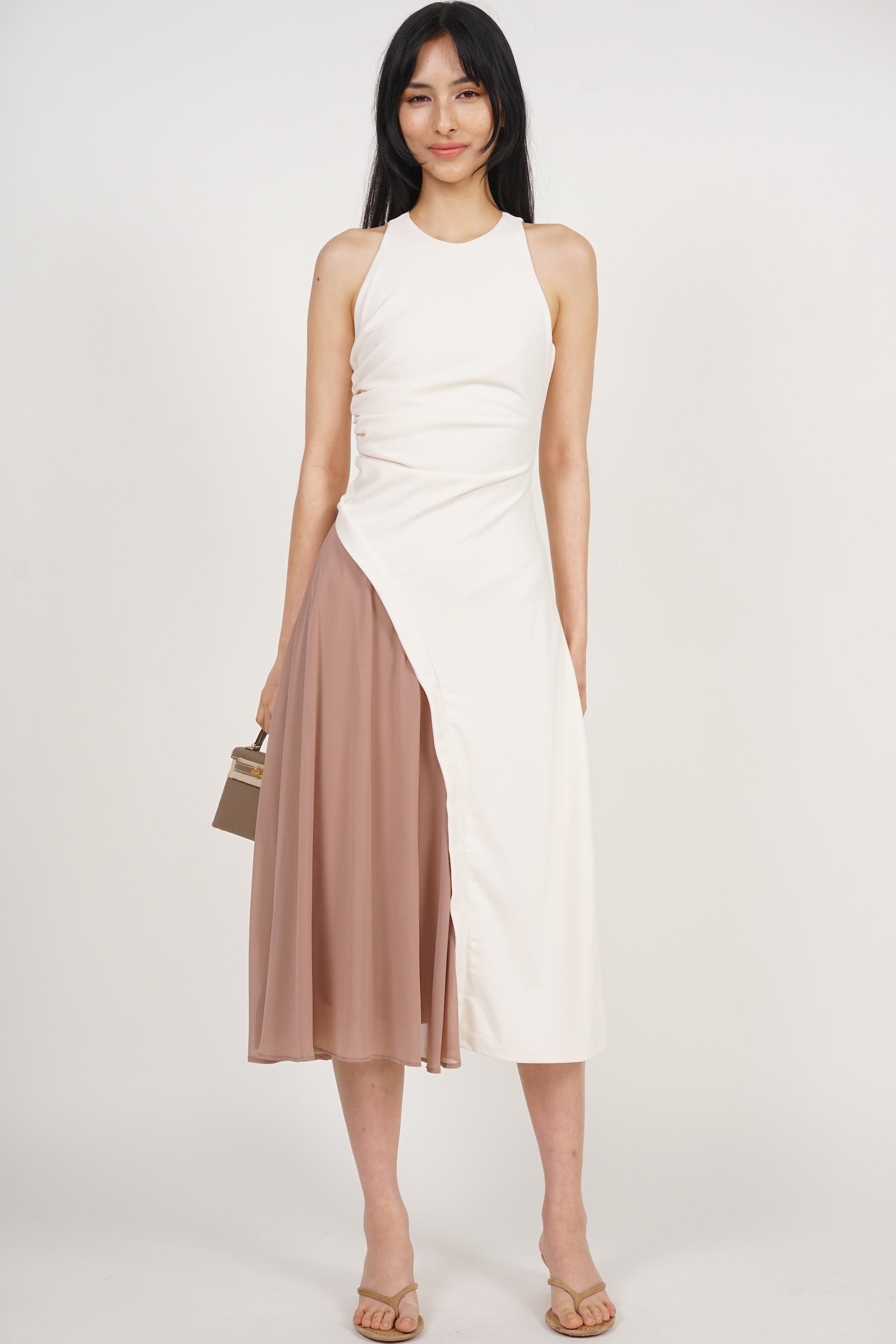 Asymmetrical Ruched Dress in Ecru Nude