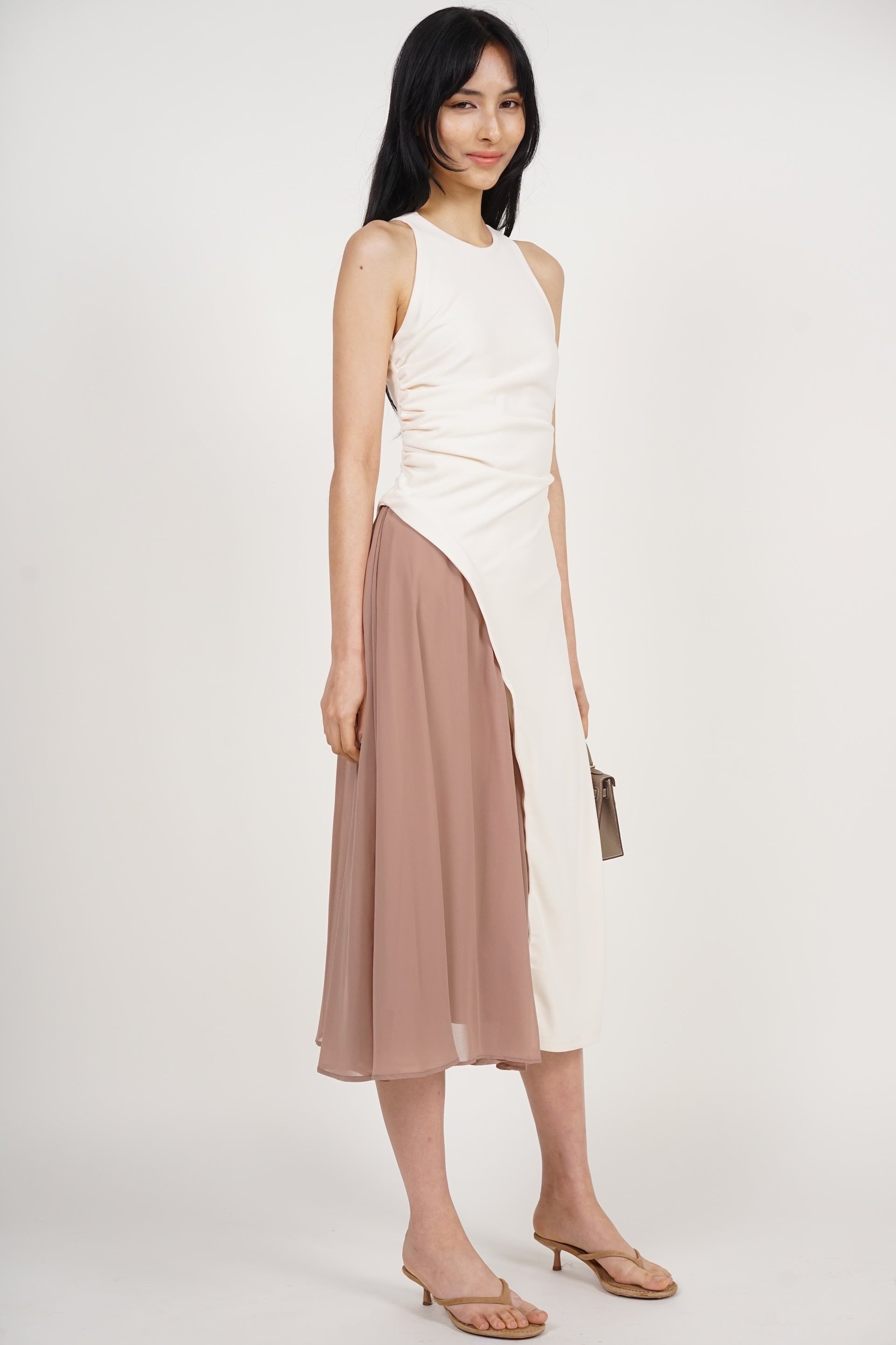 Asymmetrical Ruched Dress in Ecru Nude