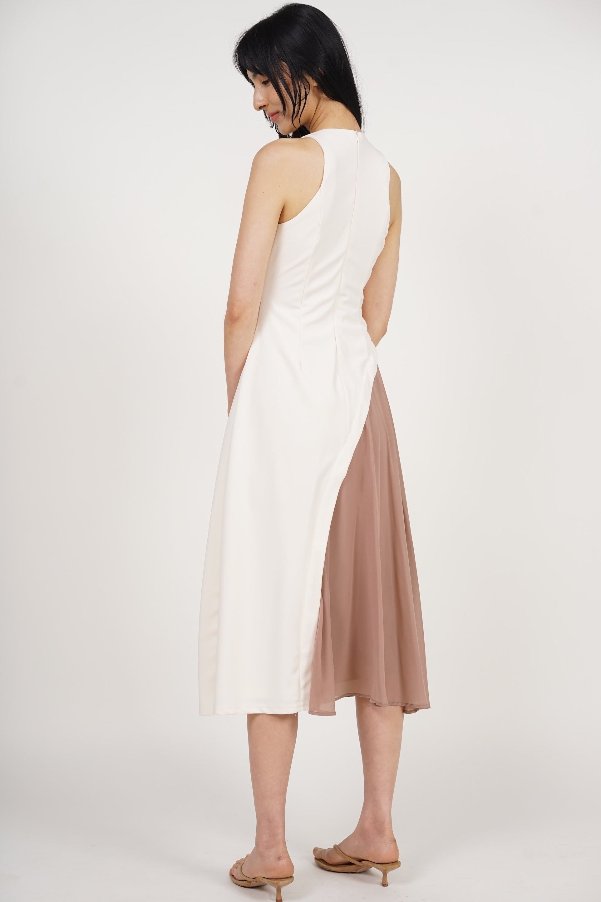Asymmetrical Ruched Dress in Ecru Nude
