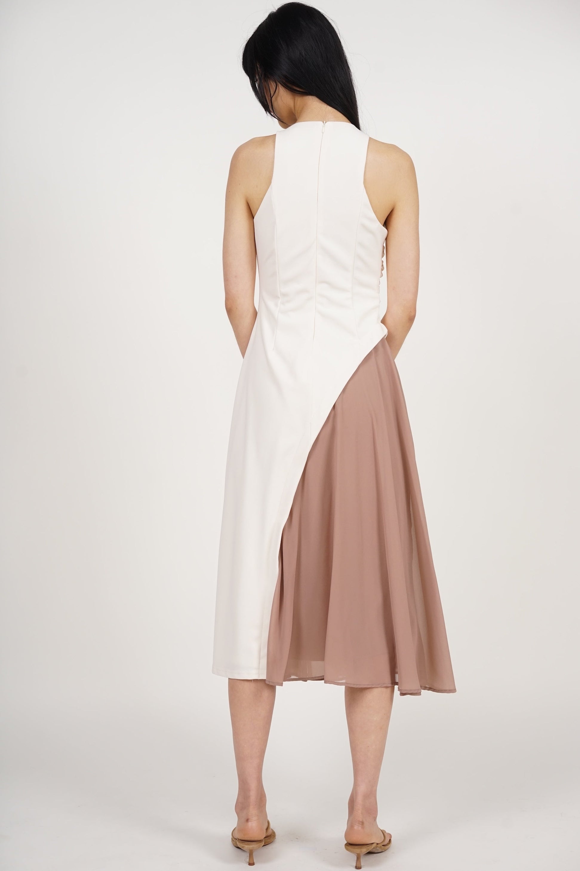 Asymmetrical Ruched Dress in Ecru Nude