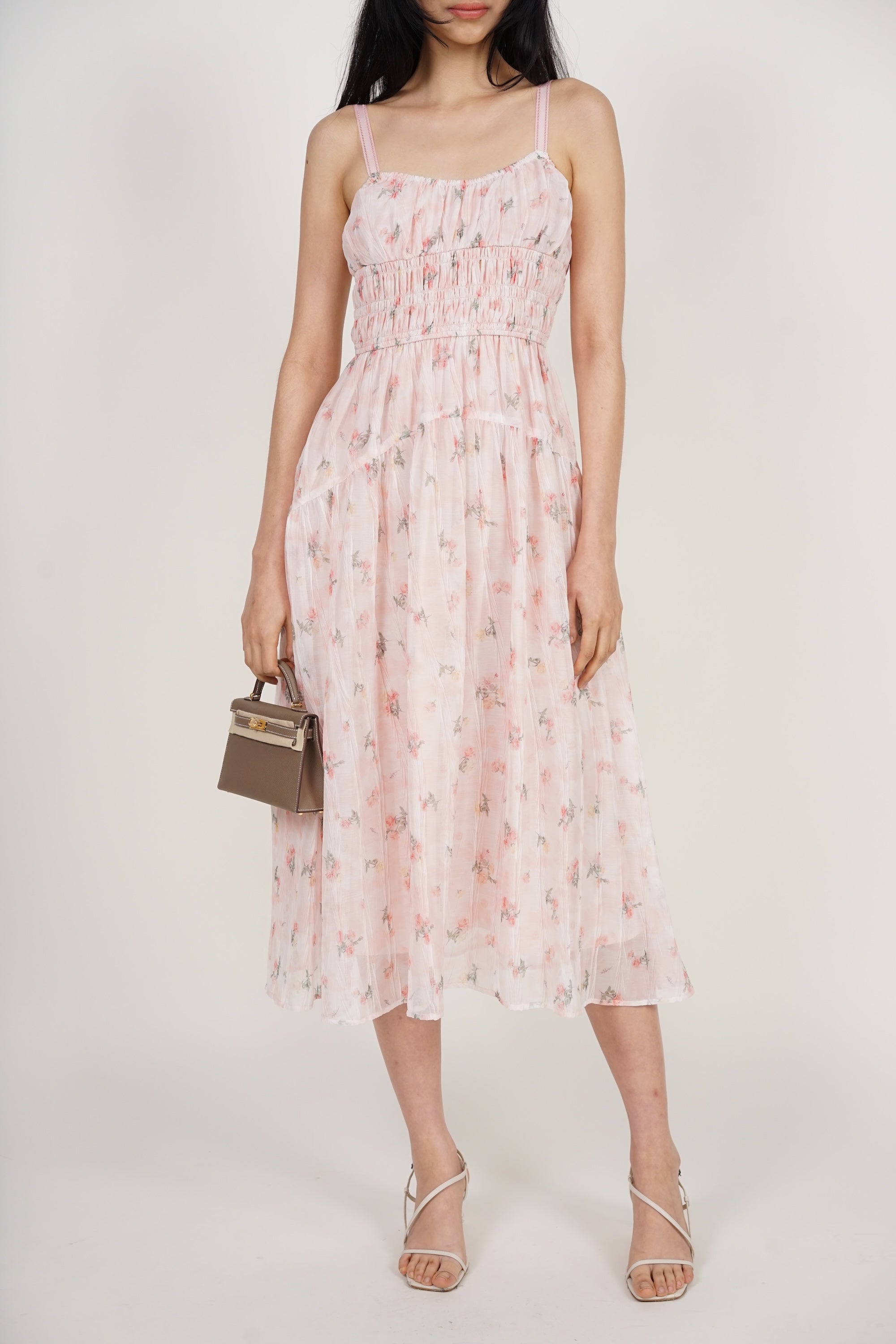 Sleeveless Smocked Flare Dress in Pink Floral