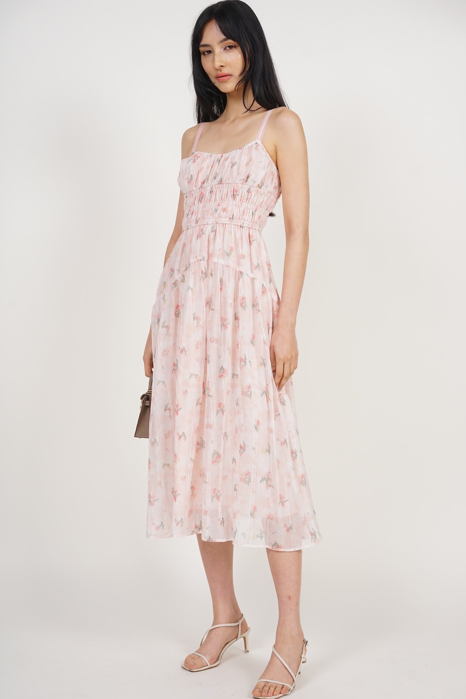 Sleeveless Smocked Flare Dress in Pink Floral